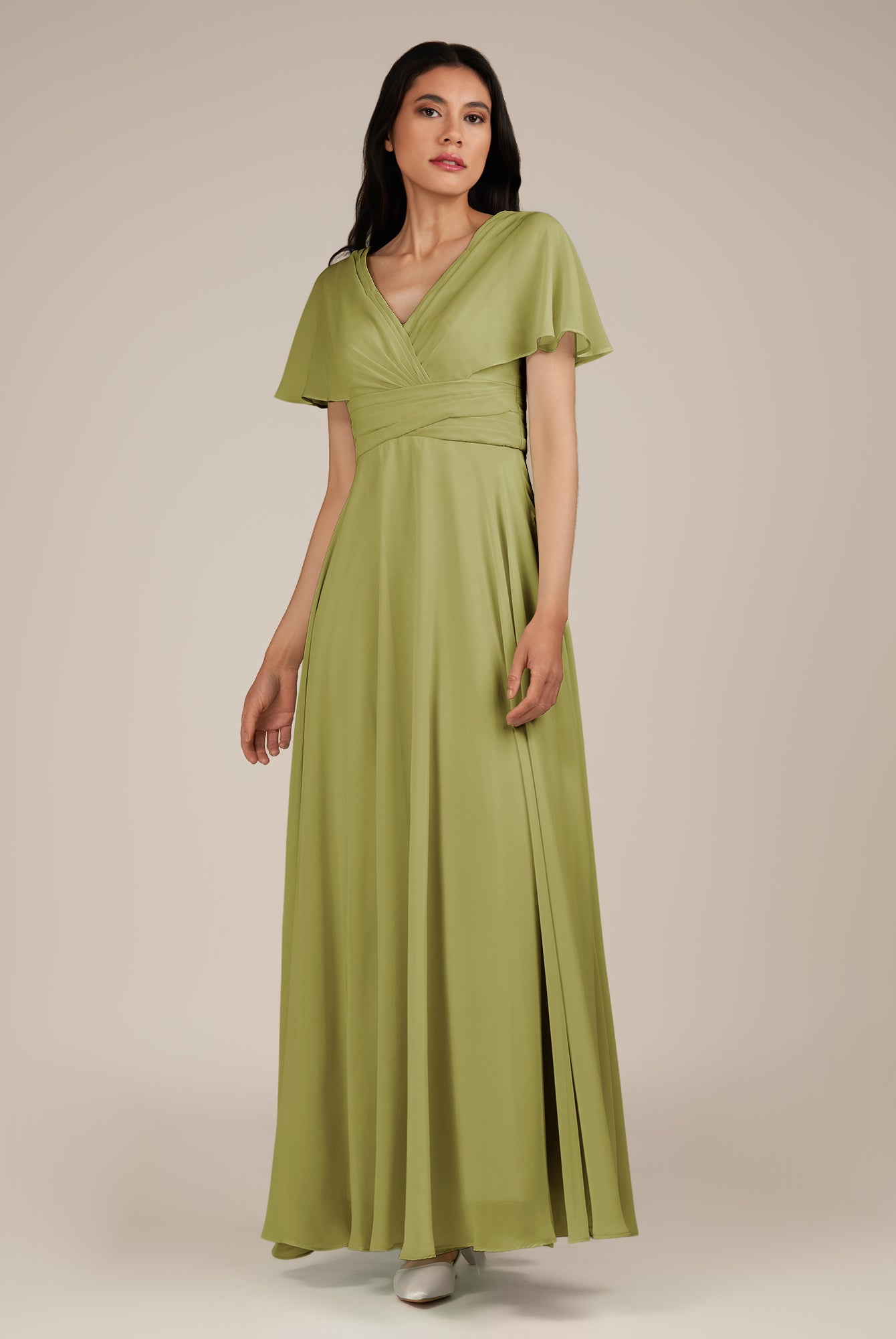 KissDress-Jasper Moss Green A Line Chiffon Cap Sleeves V Neck Long Bridesmaid Dress with Pleats