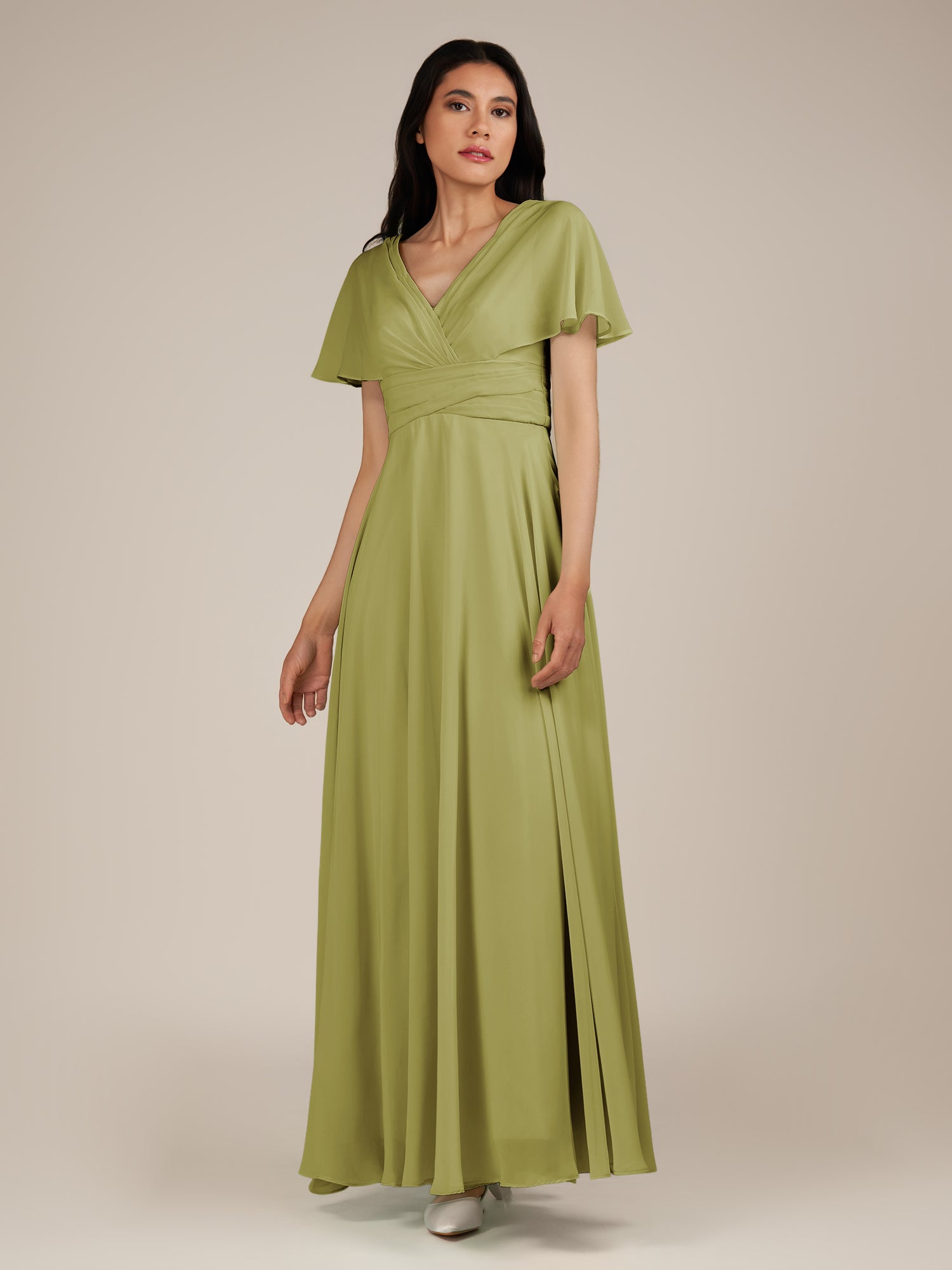 KissDress-Jasper Moss Green A Line Chiffon Cap Sleeves V Neck Long Bridesmaid Dress with Pleats