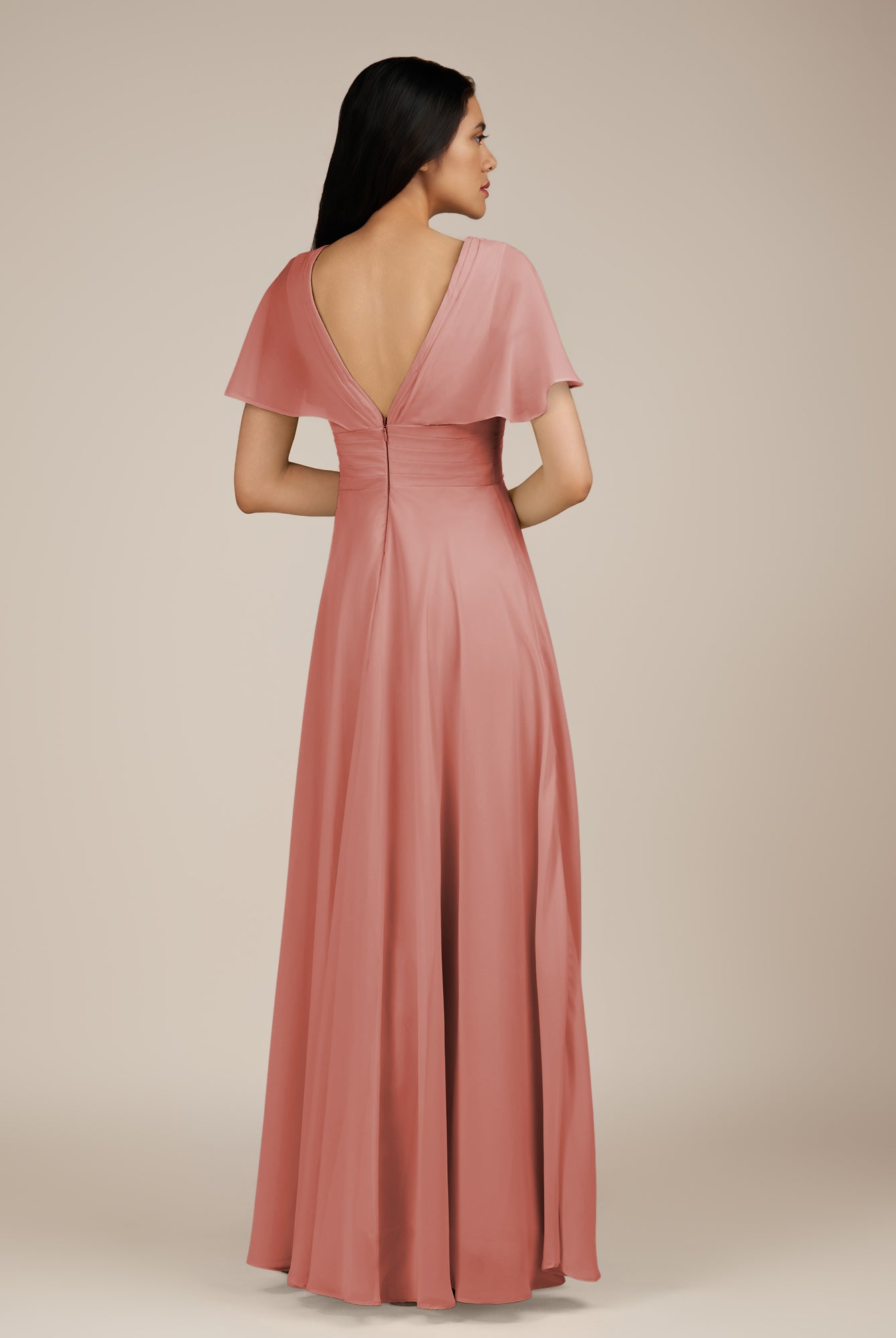 KissDress-Jasper Mulberry A Line Chiffon Cap Sleeves V Neck Long Bridesmaid Dress with Pleats