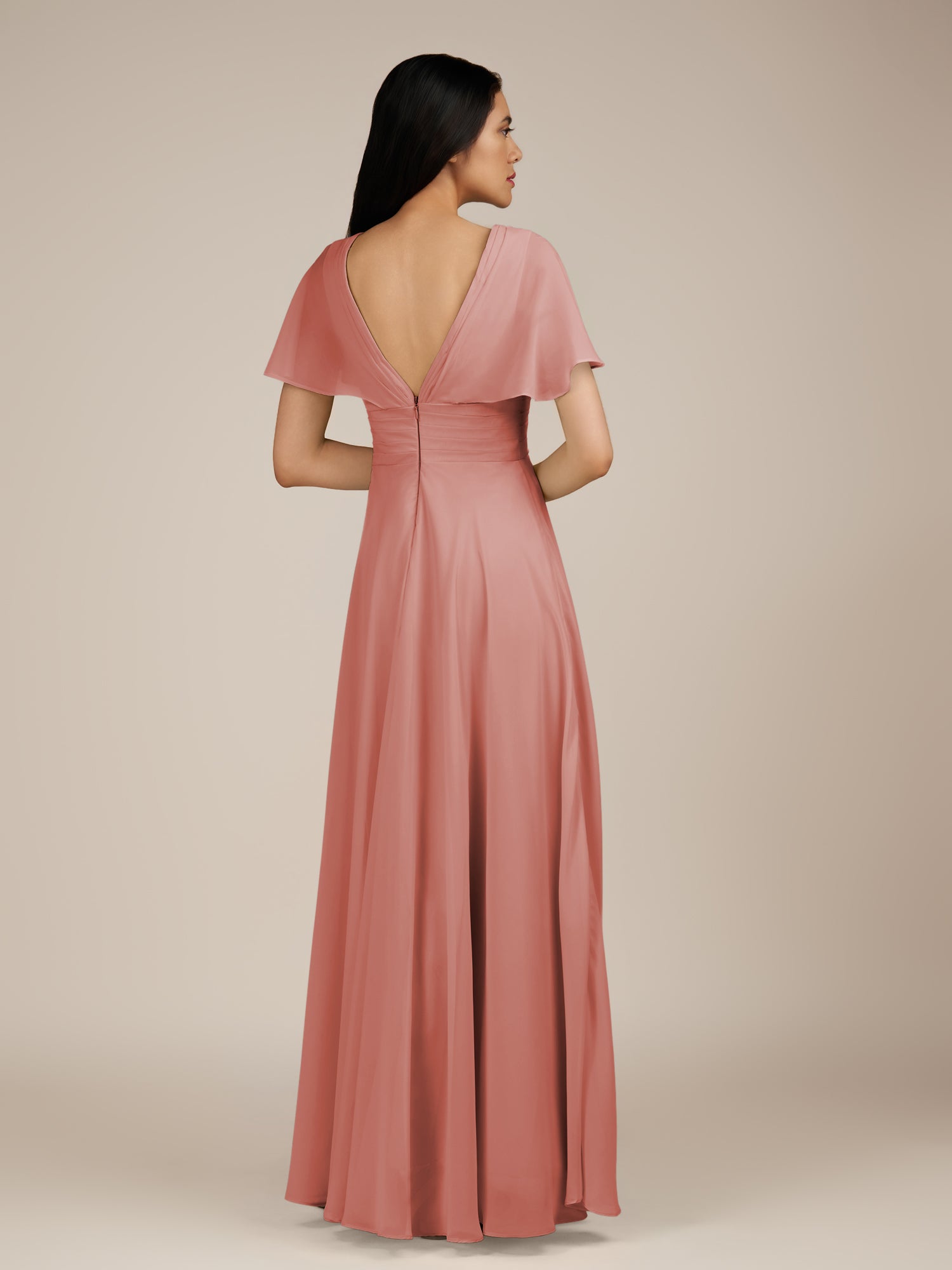 KissDress-Jasper Mulberry A Line Chiffon Cap Sleeves V Neck Long Bridesmaid Dress with Pleats