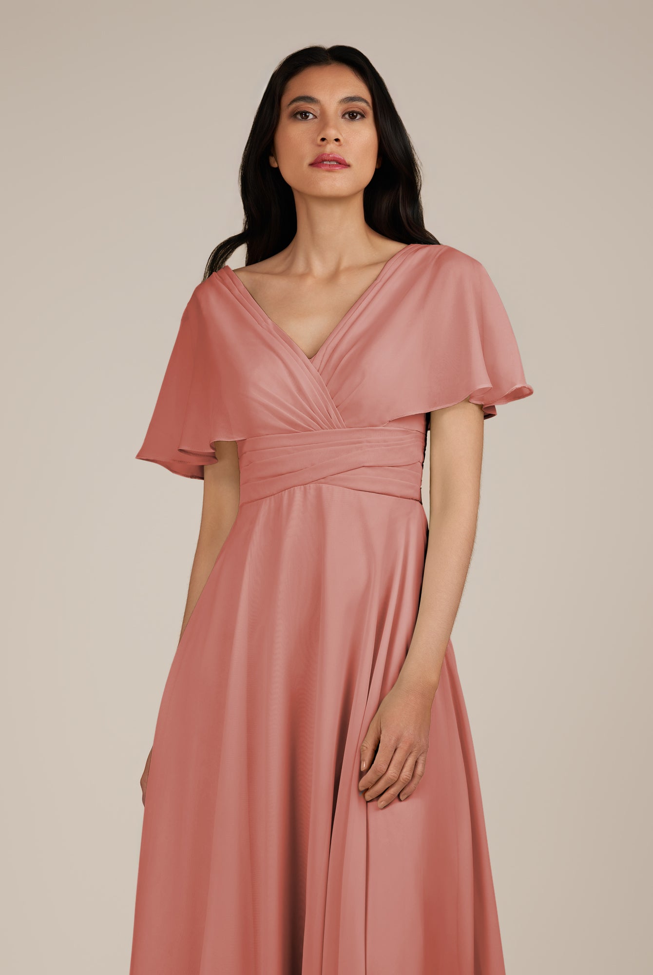 KissDress-Jasper Mulberry A Line Chiffon Cap Sleeves V Neck Long Bridesmaid Dress with Pleats