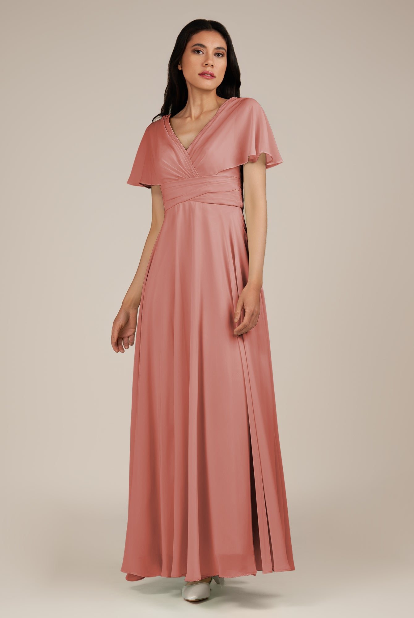 KissDress-Jasper Mulberry A Line Chiffon Cap Sleeves V Neck Long Bridesmaid Dress with Pleats