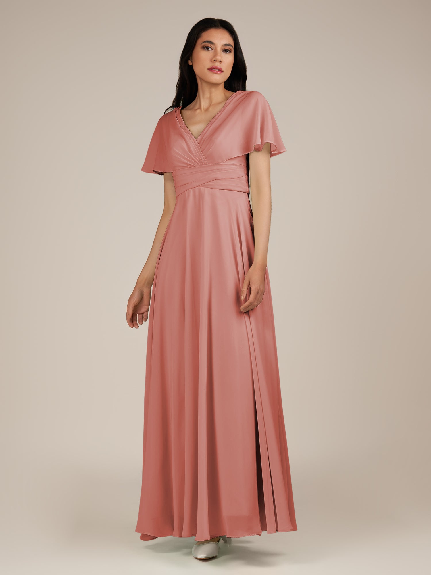 KissDress-Jasper Mulberry A Line Chiffon Cap Sleeves V Neck Long Bridesmaid Dress with Pleats