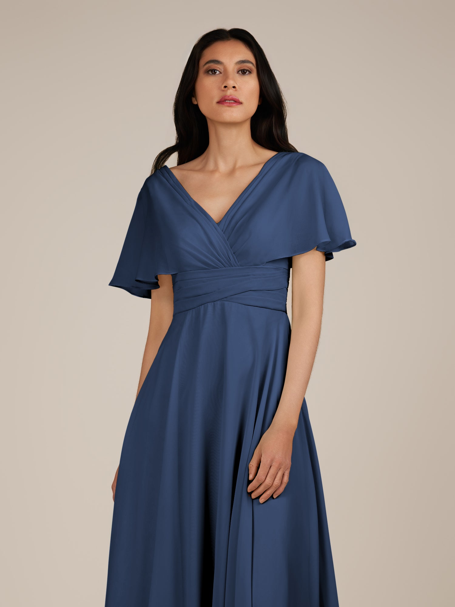 KissDress-Jasper Navy A Line Chiffon Cap Sleeves V Neck Long Bridesmaid Dress with Pleats