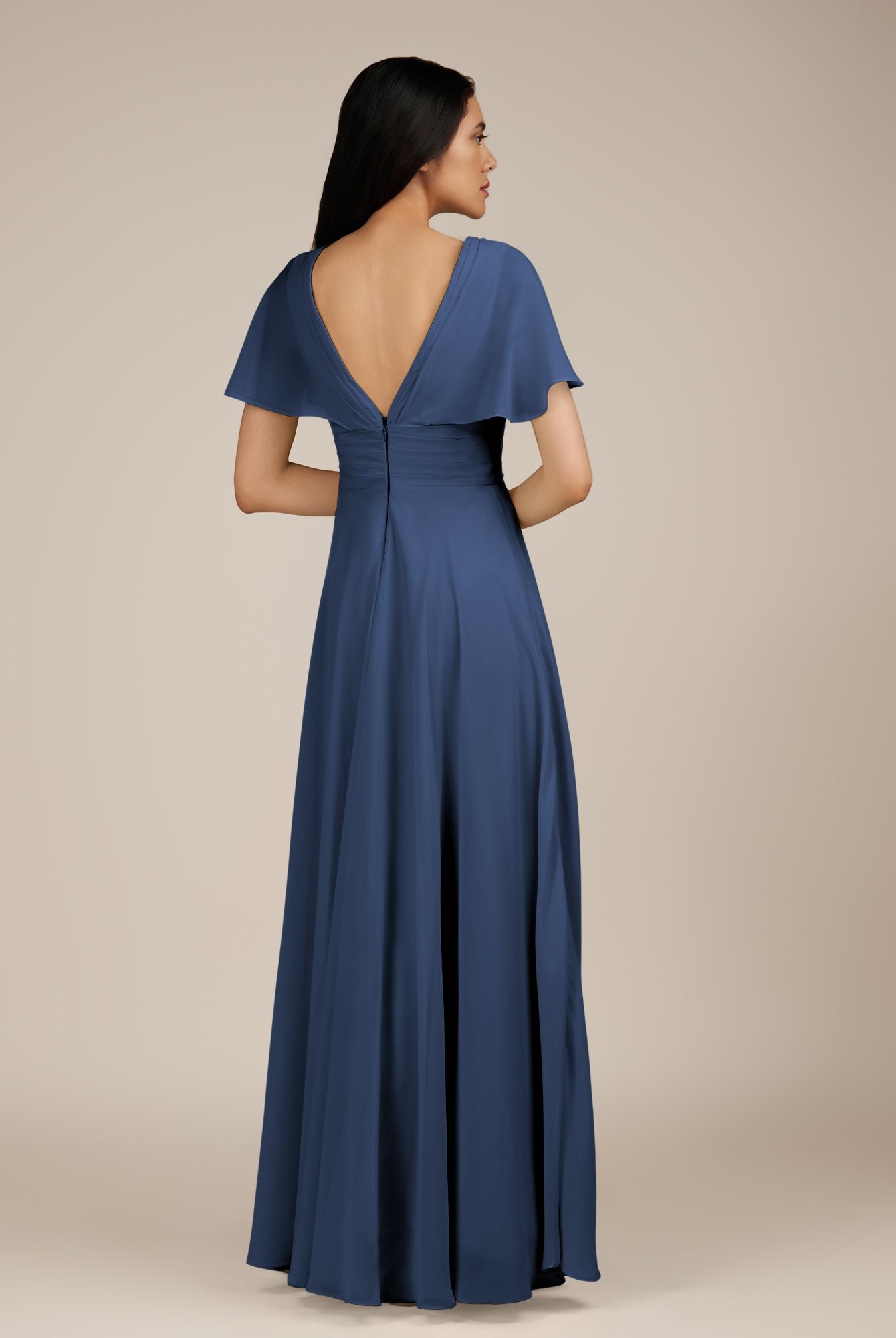 KissDress-Jasper Navy A Line Chiffon Cap Sleeves V Neck Long Bridesmaid Dress with Pleats