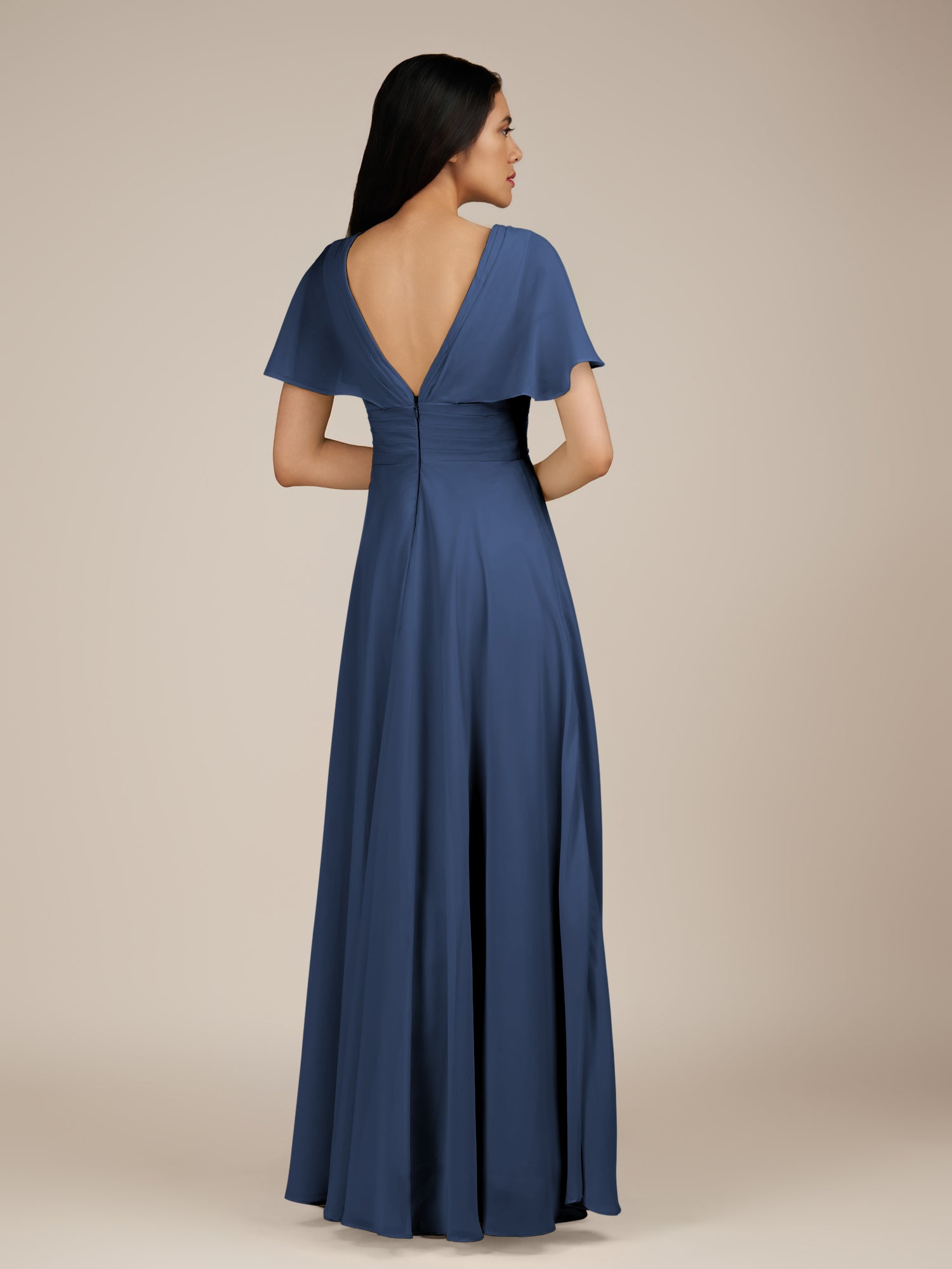KissDress-Jasper Navy A Line Chiffon Cap Sleeves V Neck Long Bridesmaid Dress with Pleats