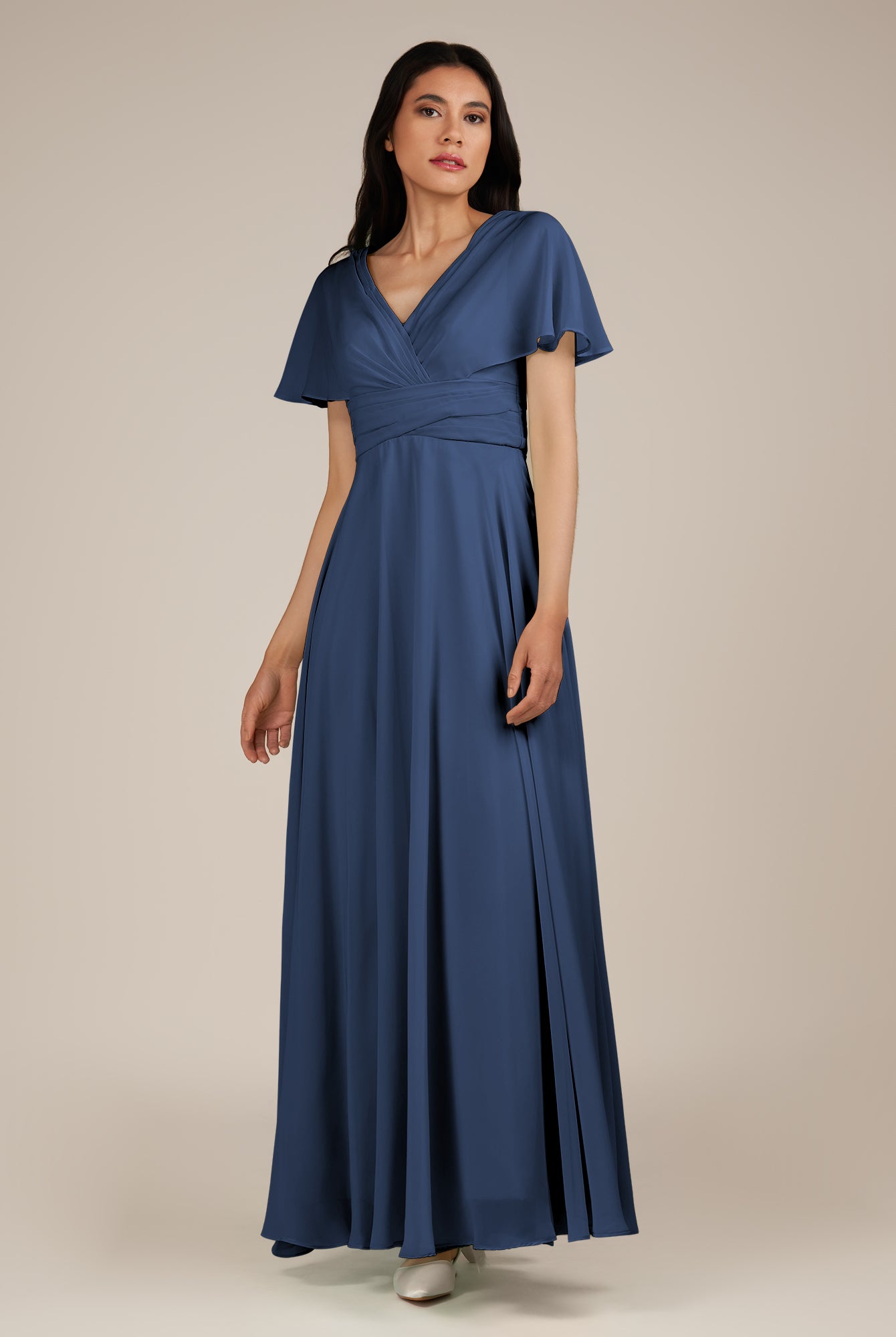 KissDress-Jasper Navy A Line Chiffon Cap Sleeves V Neck Long Bridesmaid Dress with Pleats