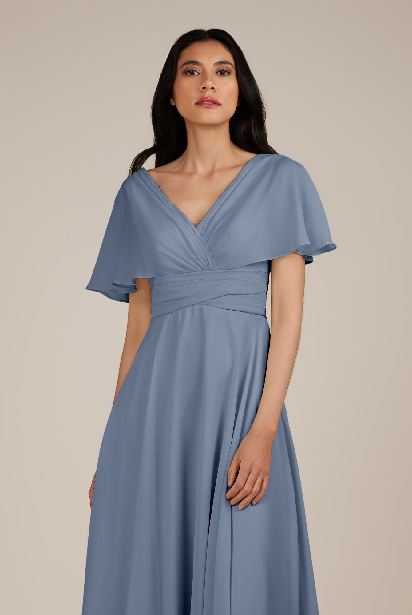 KissDress-Jasper Neptune A Line Chiffon Cap Sleeves V Neck Long Bridesmaid Dress with Pleats