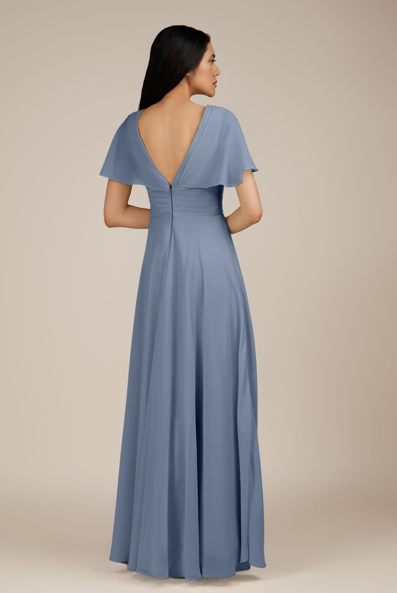 KissDress-Jasper Neptune A Line Chiffon Cap Sleeves V Neck Long Bridesmaid Dress with Pleats