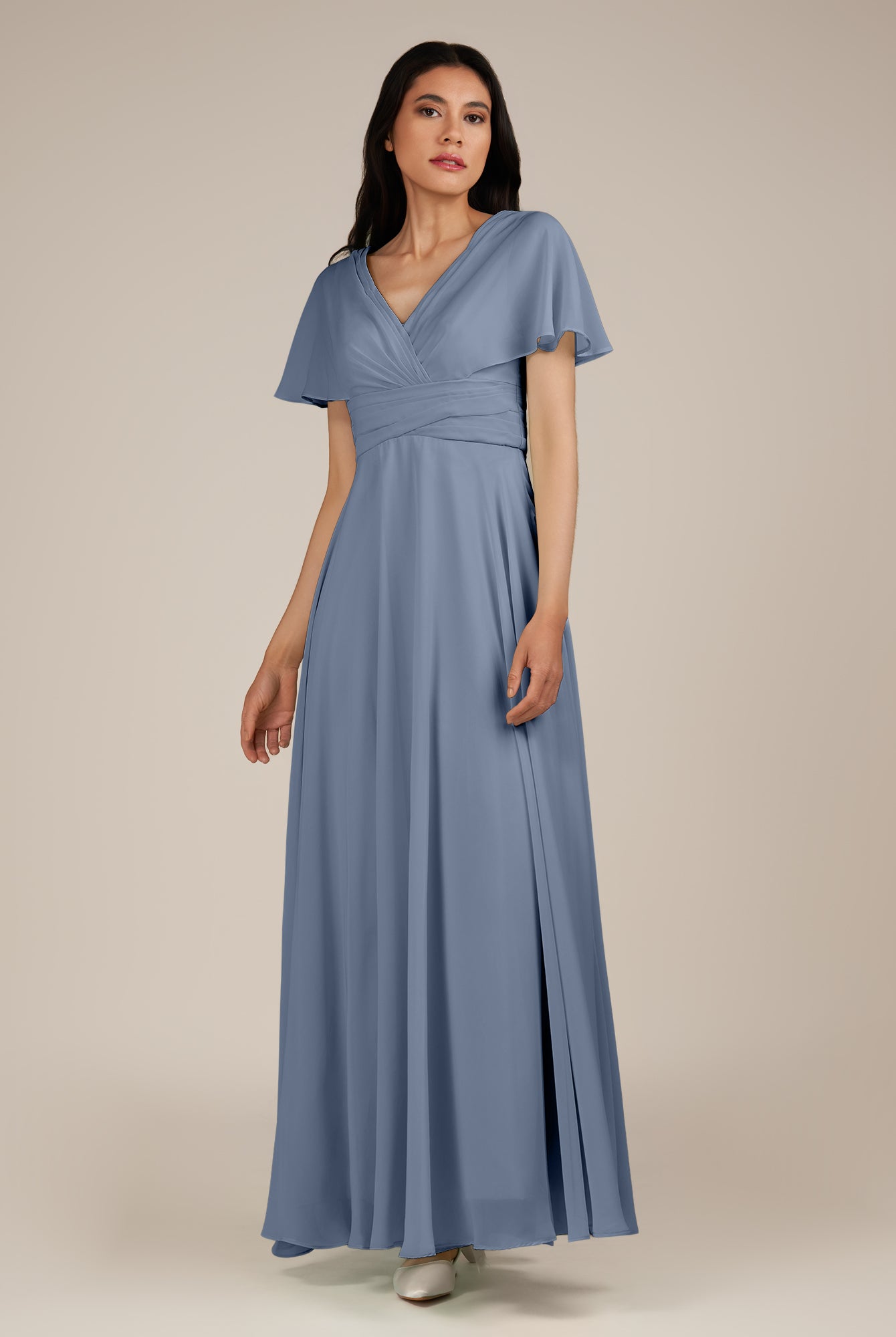 KissDress-Jasper Neptune A Line Chiffon Cap Sleeves V Neck Long Bridesmaid Dress with Pleats