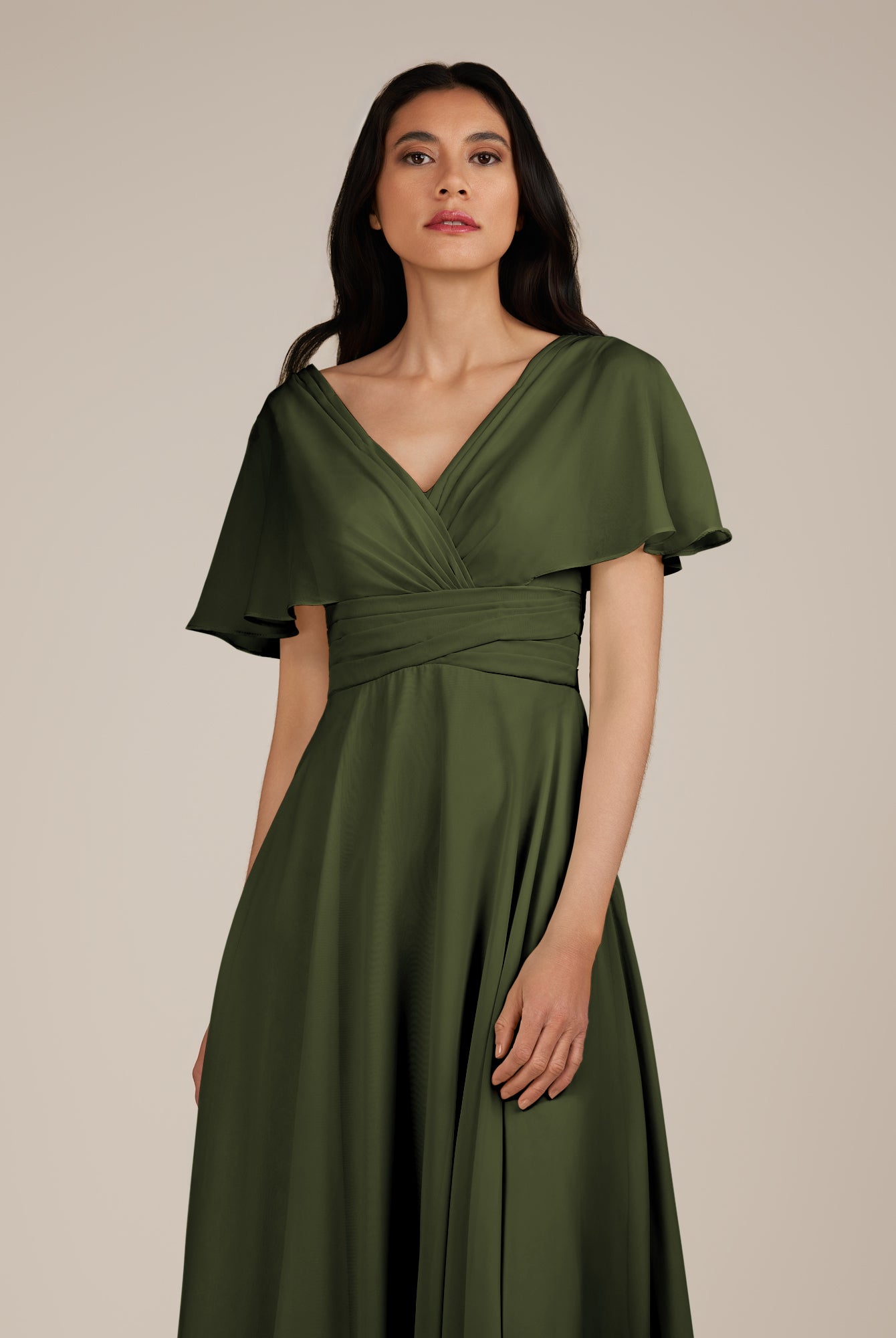 KissDress-Jasper Olive A Line Chiffon Cap Sleeves V Neck Long Bridesmaid Dress with Pleats