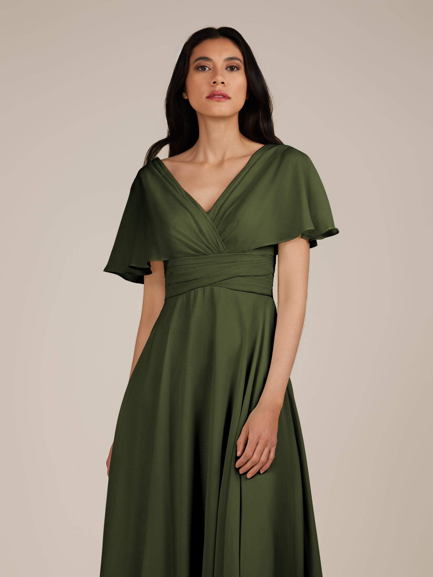 KissDress-Jasper Olive A Line Chiffon Cap Sleeves V Neck Long Bridesmaid Dress with Pleats