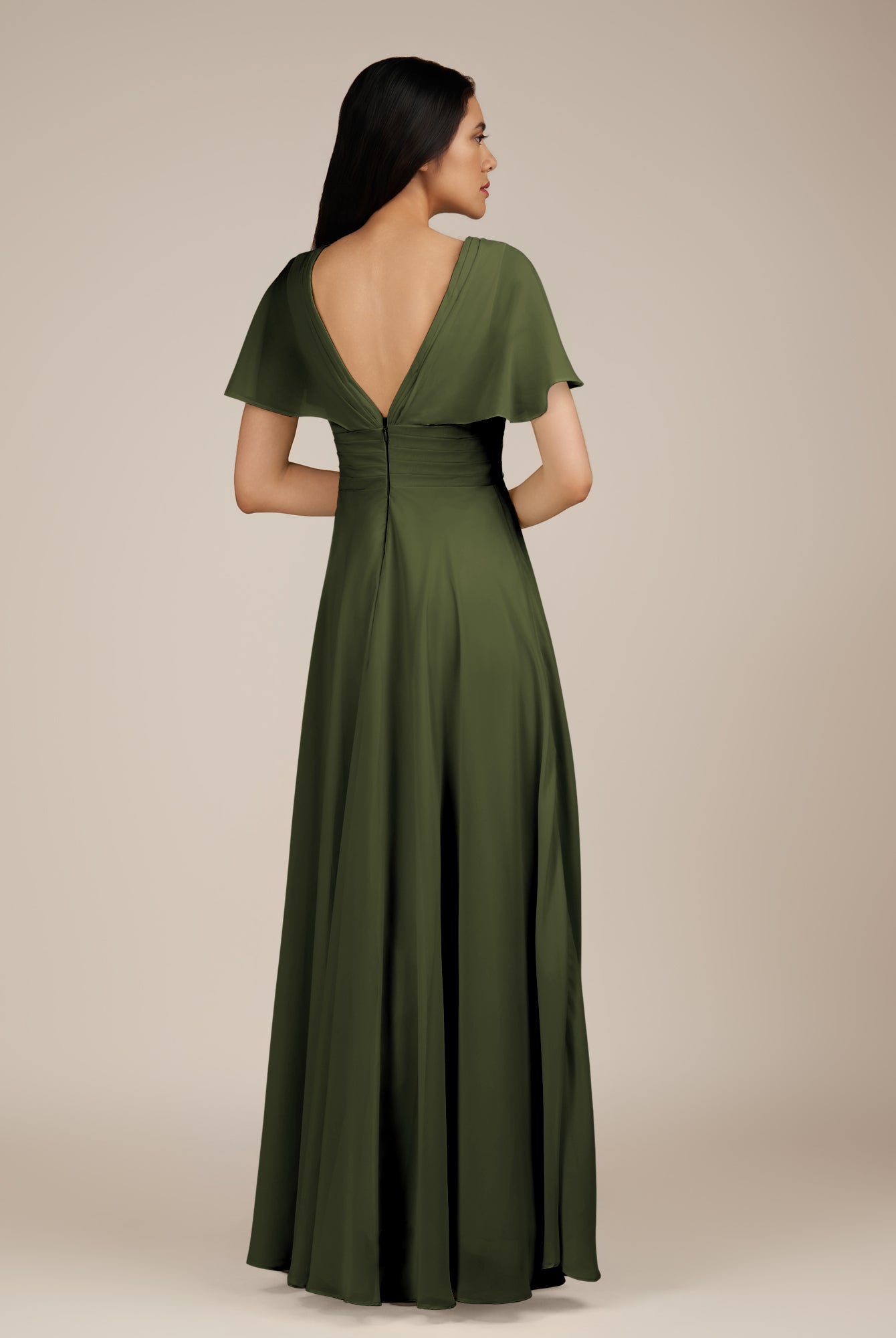 KissDress-Jasper Olive A Line Chiffon Cap Sleeves V Neck Long Bridesmaid Dress with Pleats