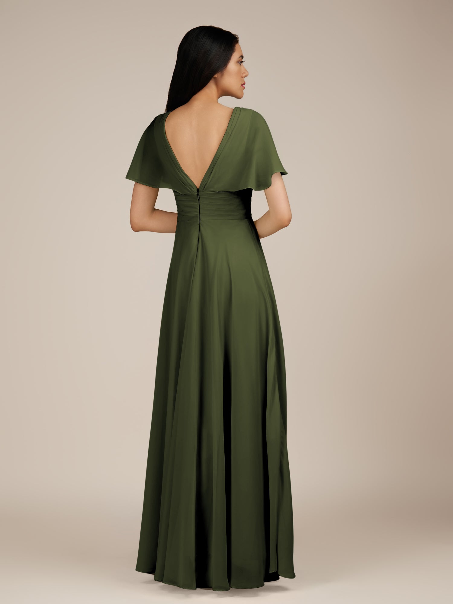 KissDress-Jasper Olive A Line Chiffon Cap Sleeves V Neck Long Bridesmaid Dress with Pleats