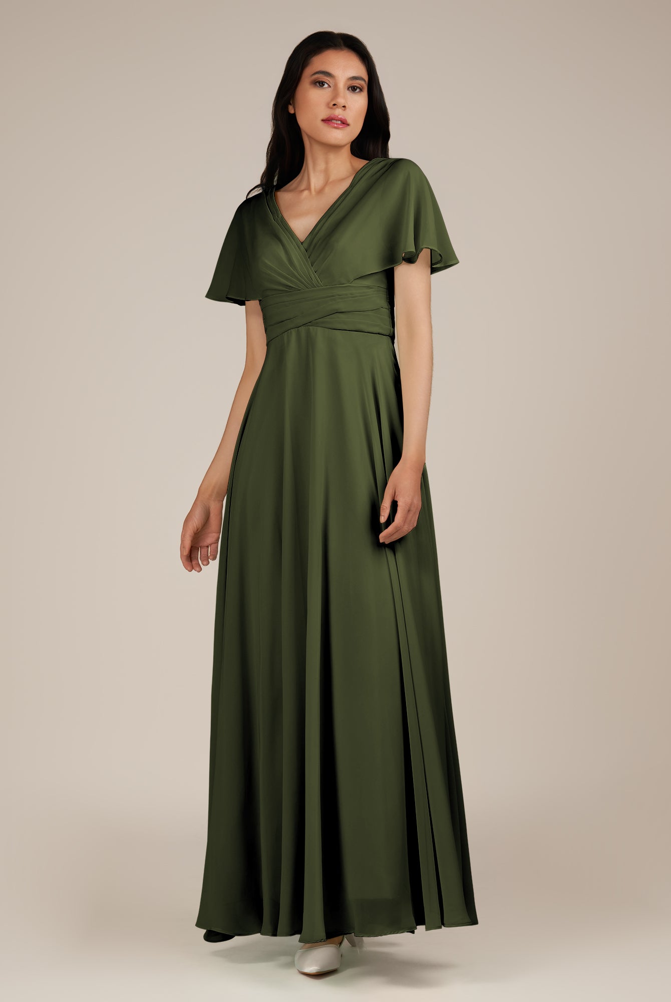 KissDress-Jasper Olive A Line Chiffon Cap Sleeves V Neck Long Bridesmaid Dress with Pleats