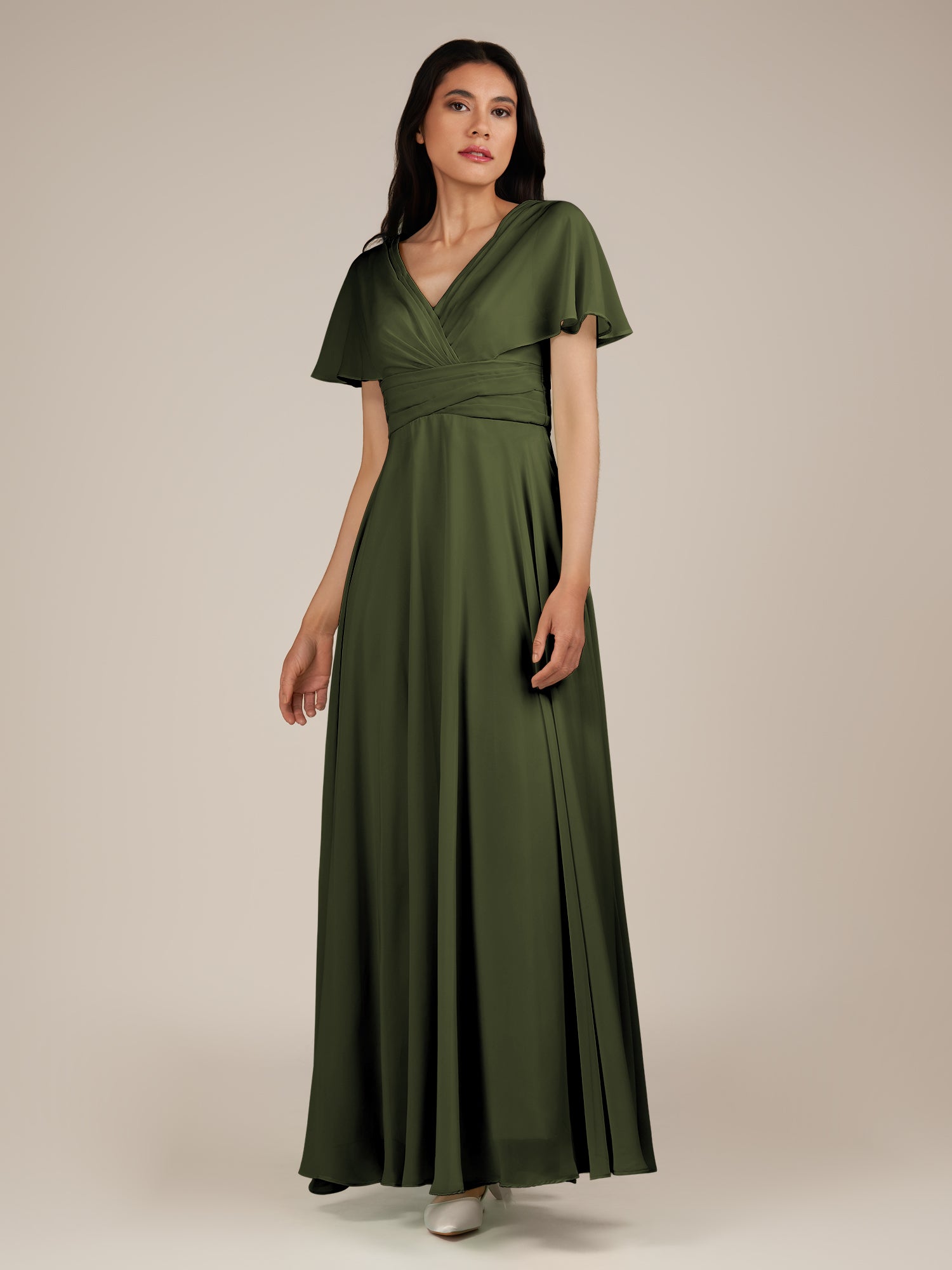 KissDress-Jasper Olive A Line Chiffon Cap Sleeves V Neck Long Bridesmaid Dress with Pleats
