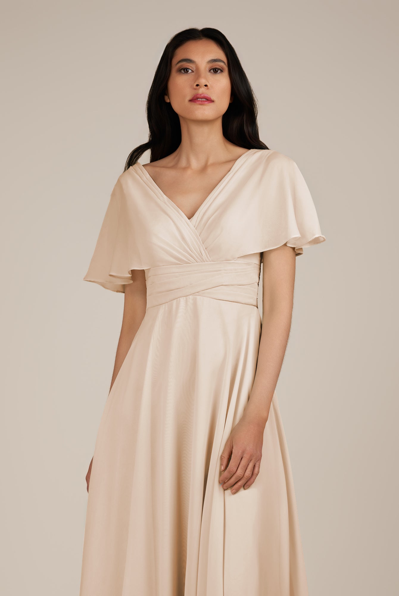 KissDress-Jasper Pale Blush A Line Chiffon Cap Sleeves V Neck Long Bridesmaid Dress with Pleats