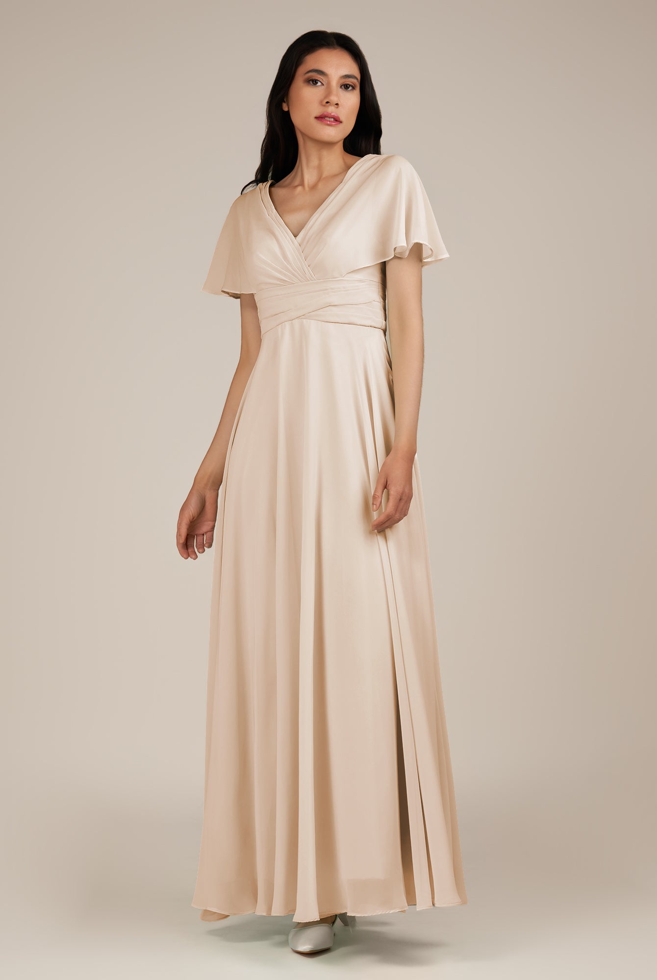 KissDress-Jasper Pale Blush A Line Chiffon Cap Sleeves V Neck Long Bridesmaid Dress with Pleats