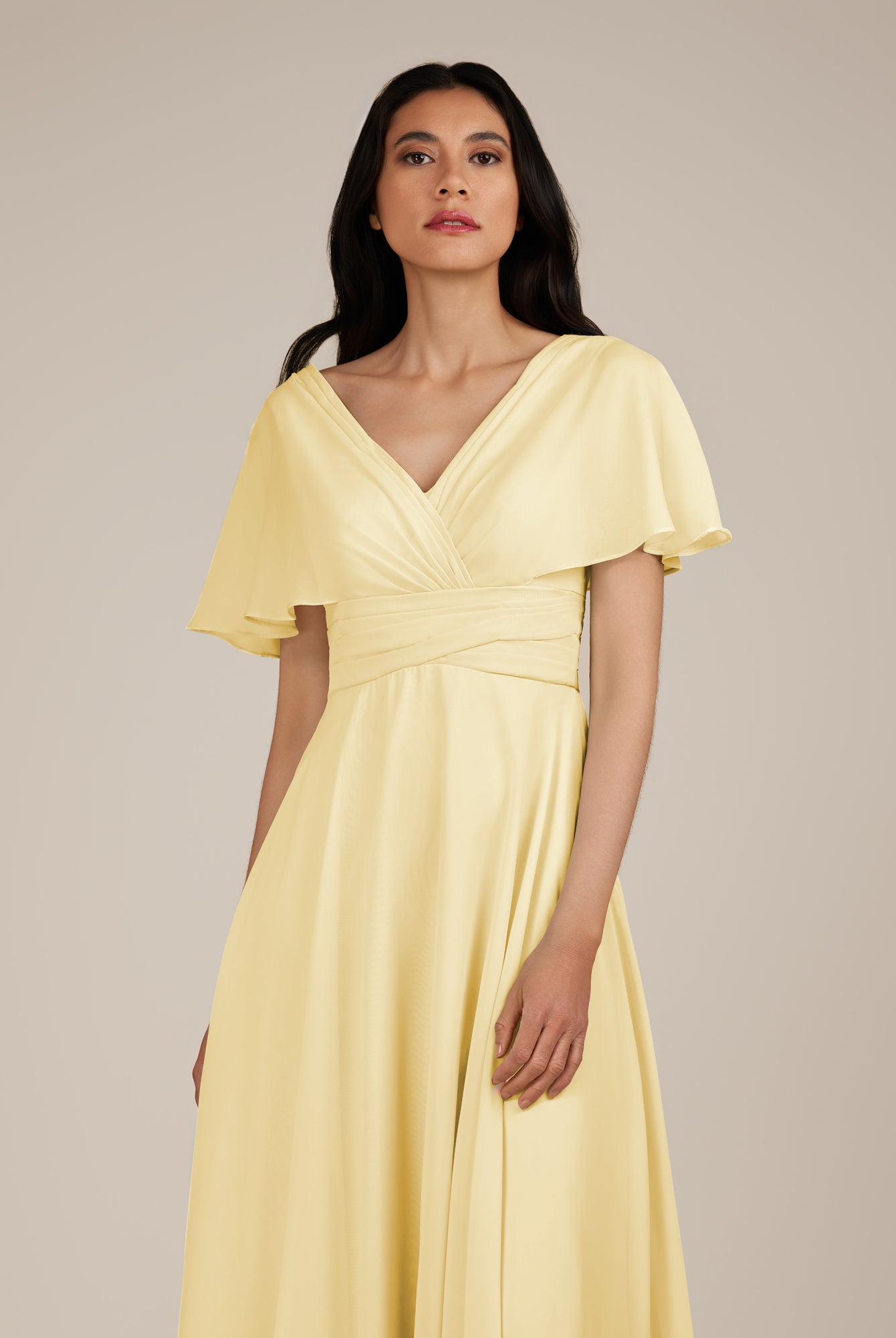 KissDress-Jasper Pastel Yellow A Line Chiffon Cap Sleeves V Neck Long Bridesmaid Dress with Pleats