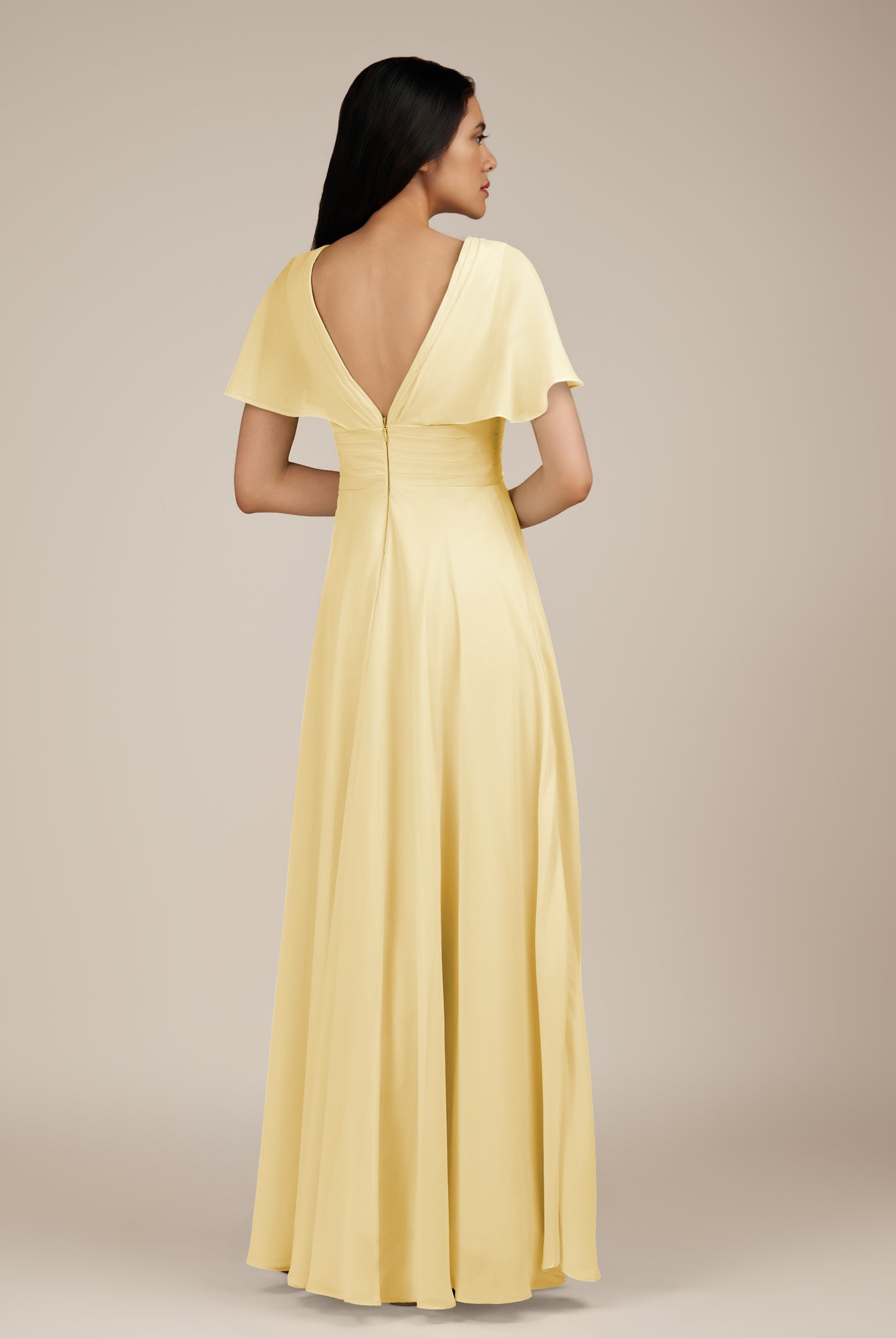 KissDress-Jasper Pastel Yellow A Line Chiffon Cap Sleeves V Neck Long Bridesmaid Dress with Pleats