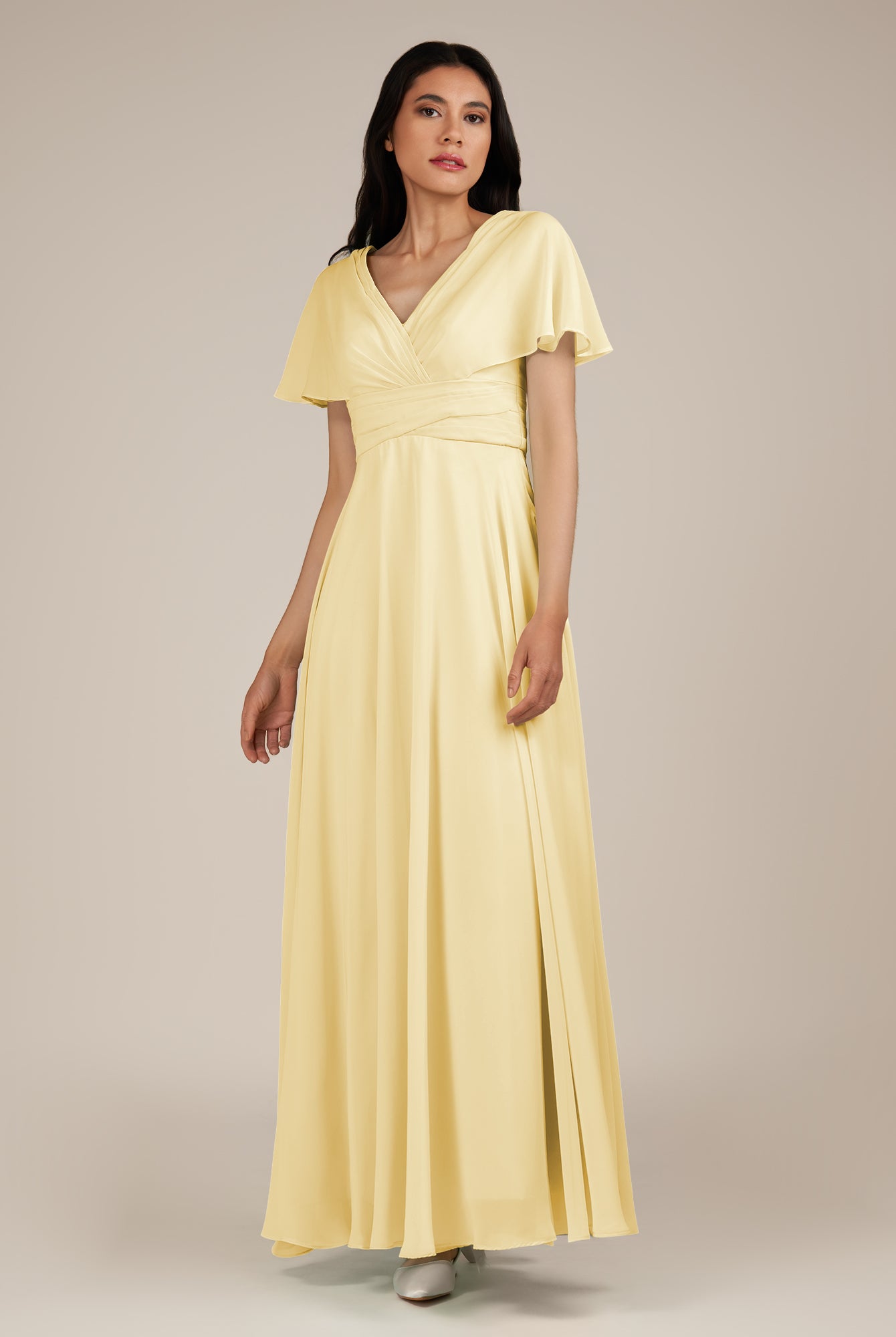 KissDress-Jasper Pastel Yellow A Line Chiffon Cap Sleeves V Neck Long Bridesmaid Dress with Pleats