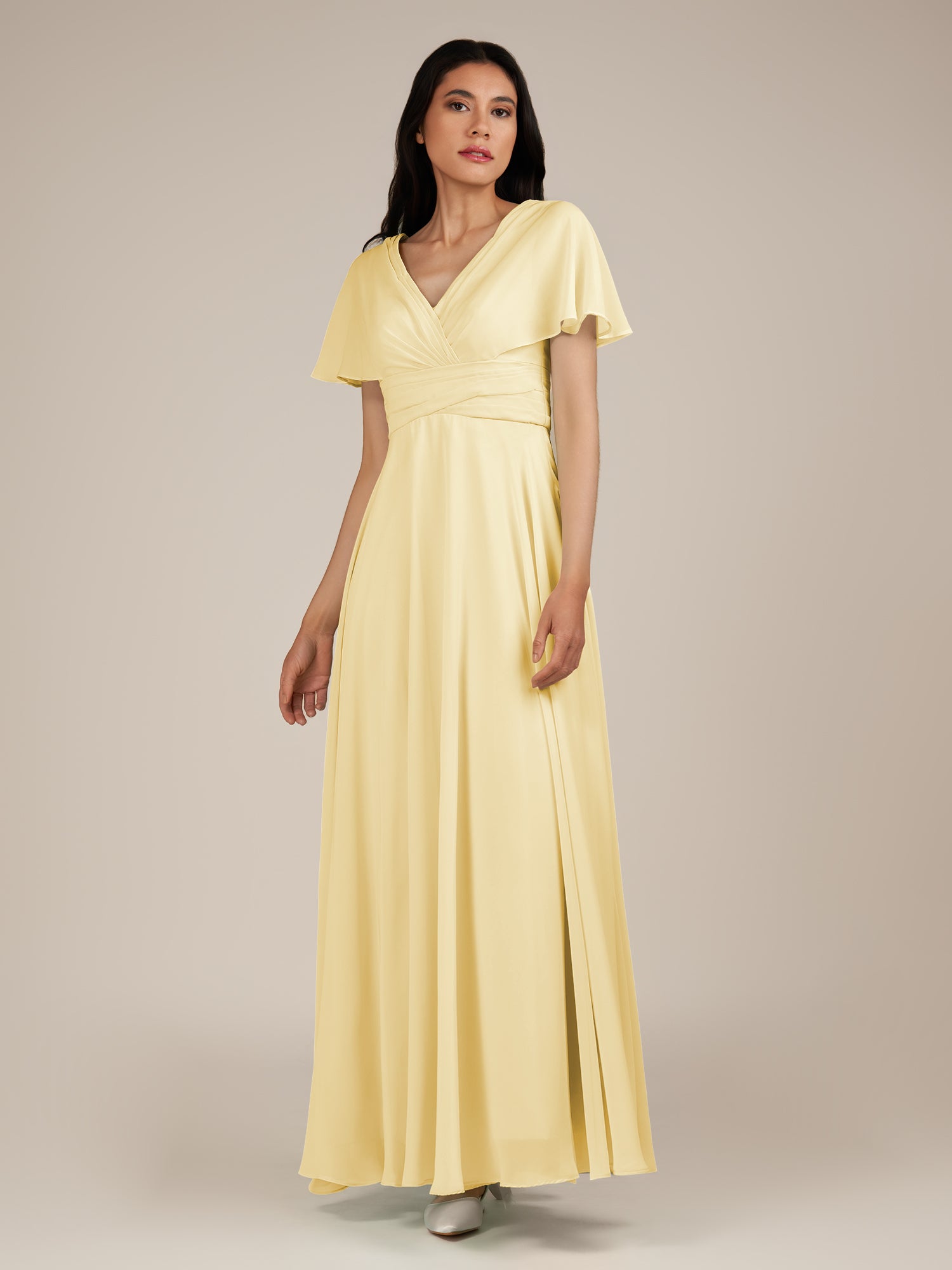 KissDress-Jasper Pastel Yellow A Line Chiffon Cap Sleeves V Neck Long Bridesmaid Dress with Pleats