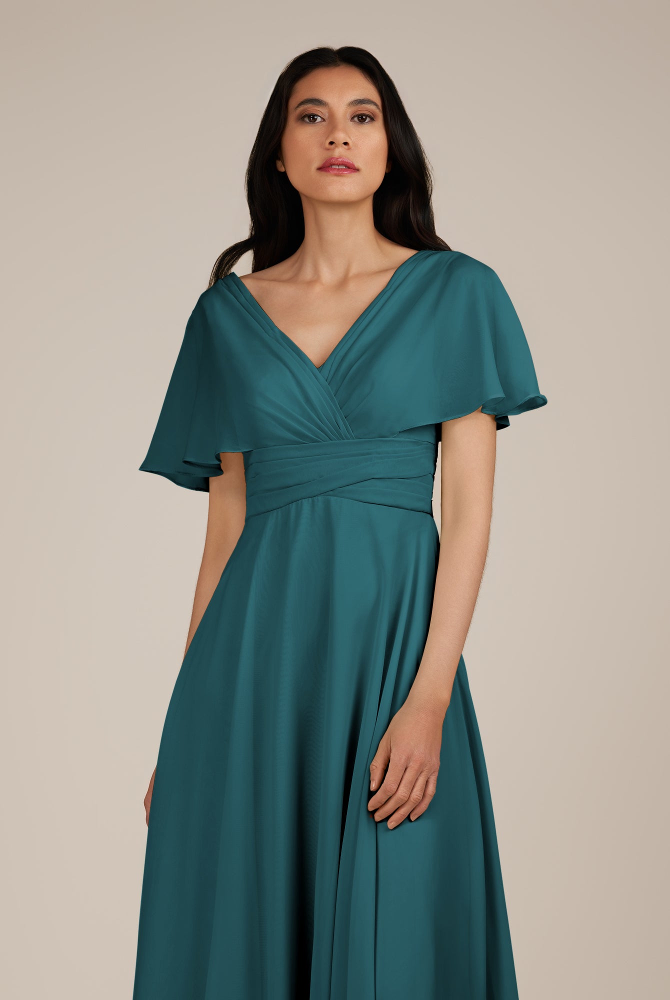 KissDress-Jasper Pine A Line Chiffon Cap Sleeves V Neck Long Bridesmaid Dress with Pleats