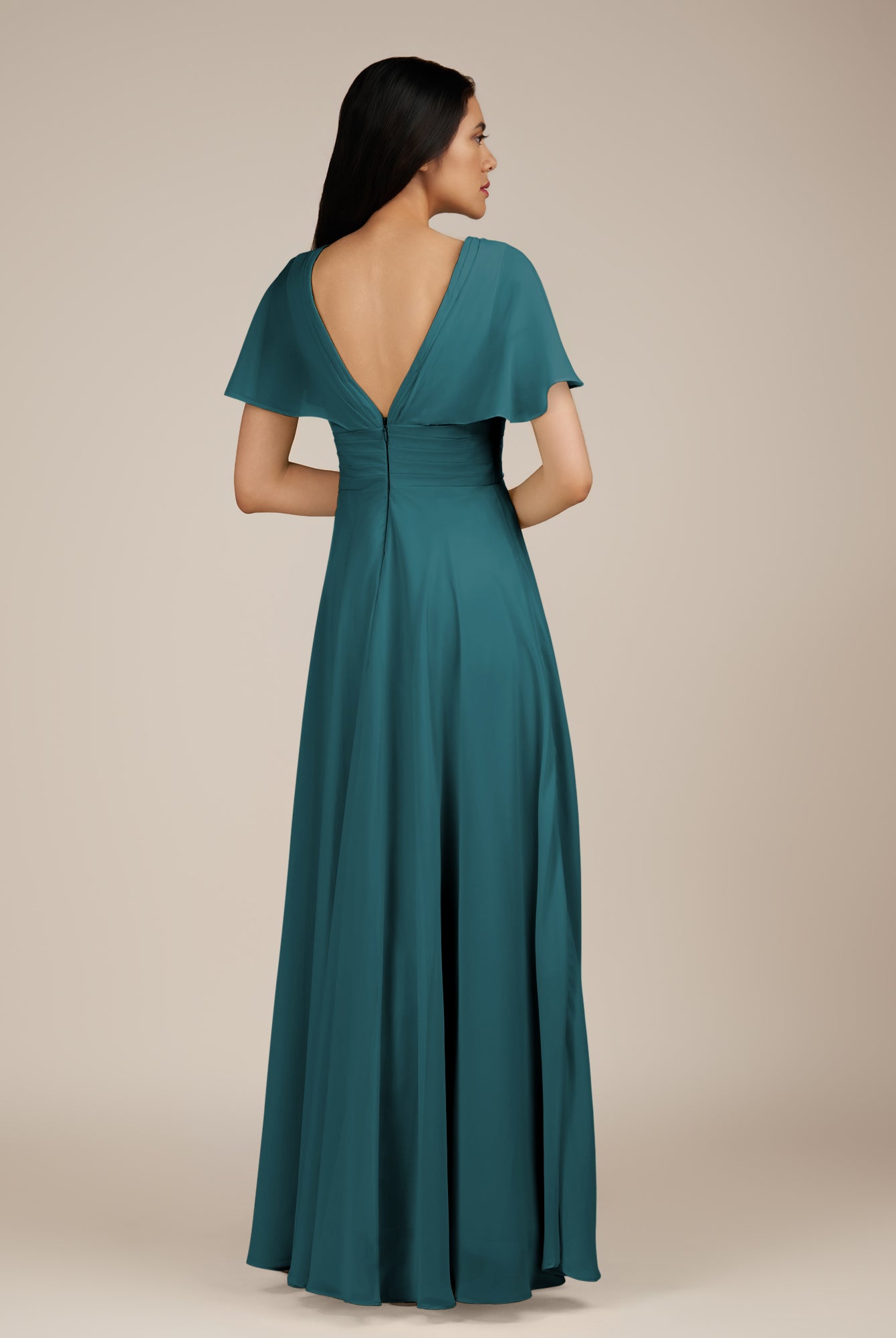 KissDress-Jasper Pine A Line Chiffon Cap Sleeves V Neck Long Bridesmaid Dress with Pleats
