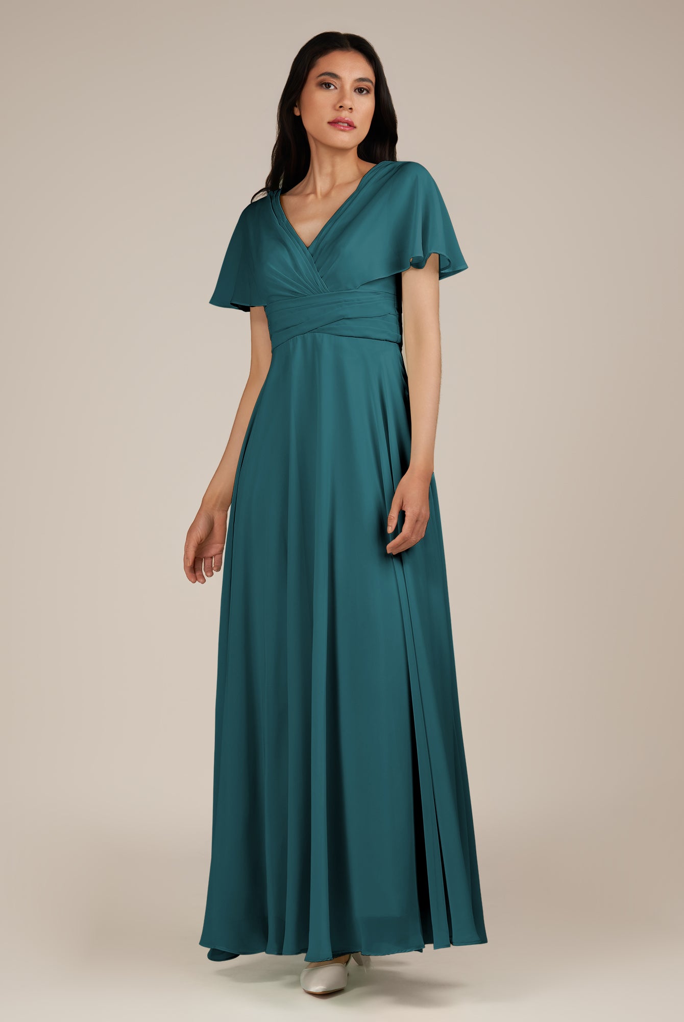 KissDress-Jasper Pine A Line Chiffon Cap Sleeves V Neck Long Bridesmaid Dress with Pleats