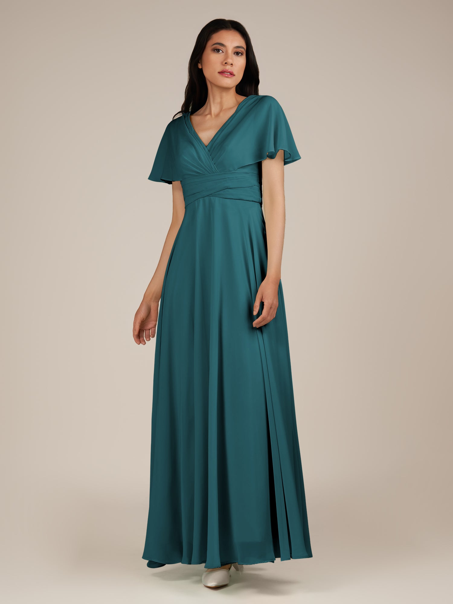 KissDress-Jasper Pine A Line Chiffon Cap Sleeves V Neck Long Bridesmaid Dress with Pleats