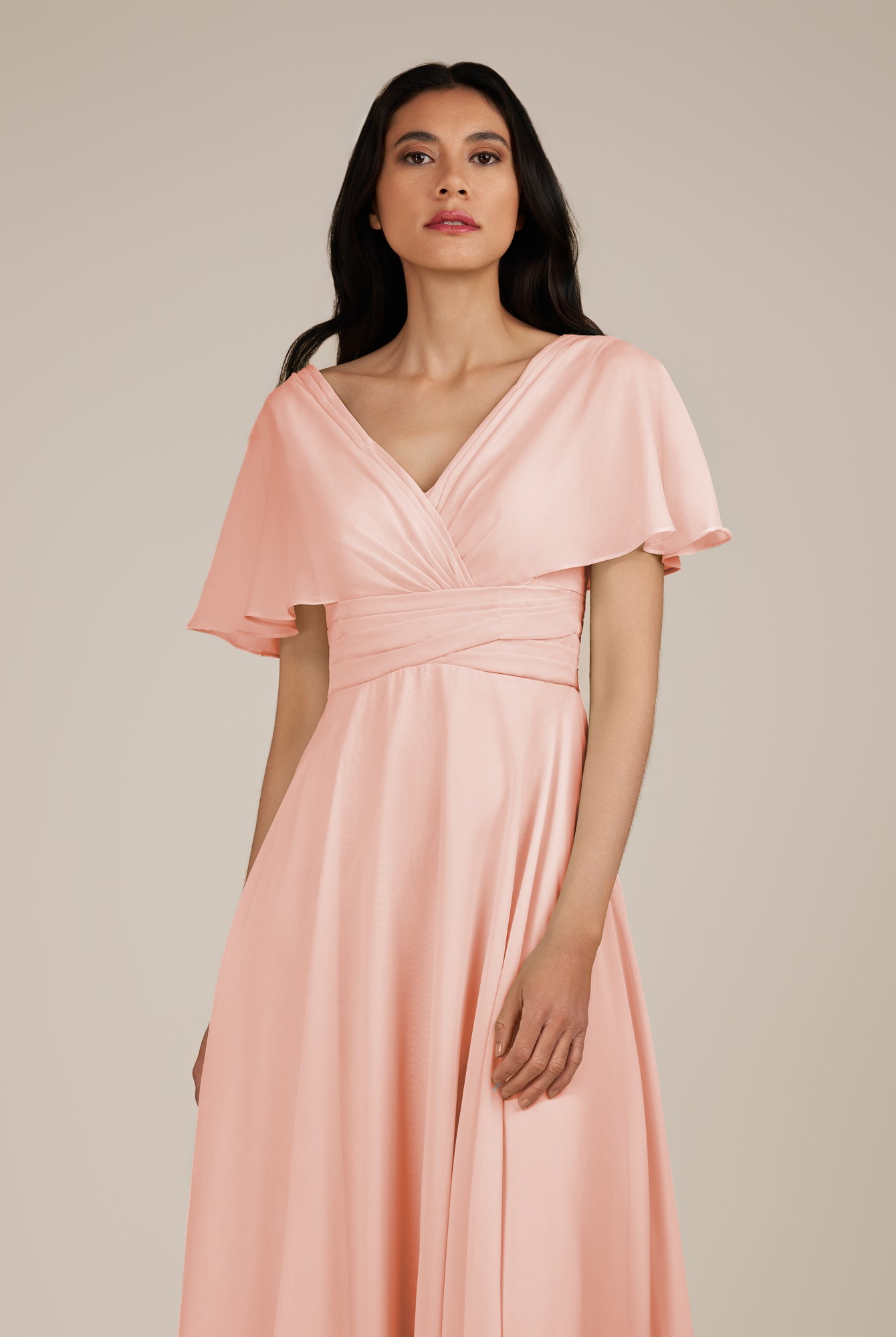 KissDress-Jasper Rose Petal A Line Chiffon Cap Sleeves V Neck Long Bridesmaid Dress with Pleats