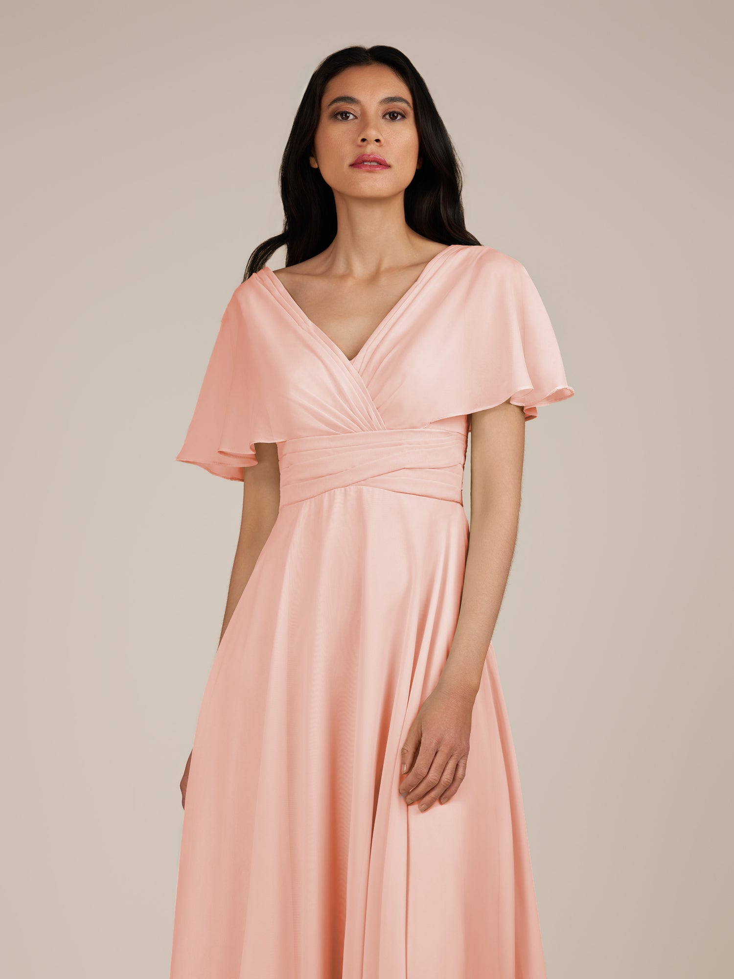 KissDress-Jasper Rose Petal A Line Chiffon Cap Sleeves V Neck Long Bridesmaid Dress with Pleats