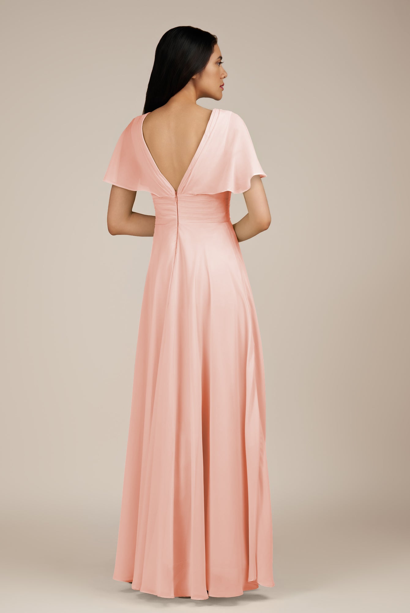 KissDress-Jasper Rose Petal A Line Chiffon Cap Sleeves V Neck Long Bridesmaid Dress with Pleats