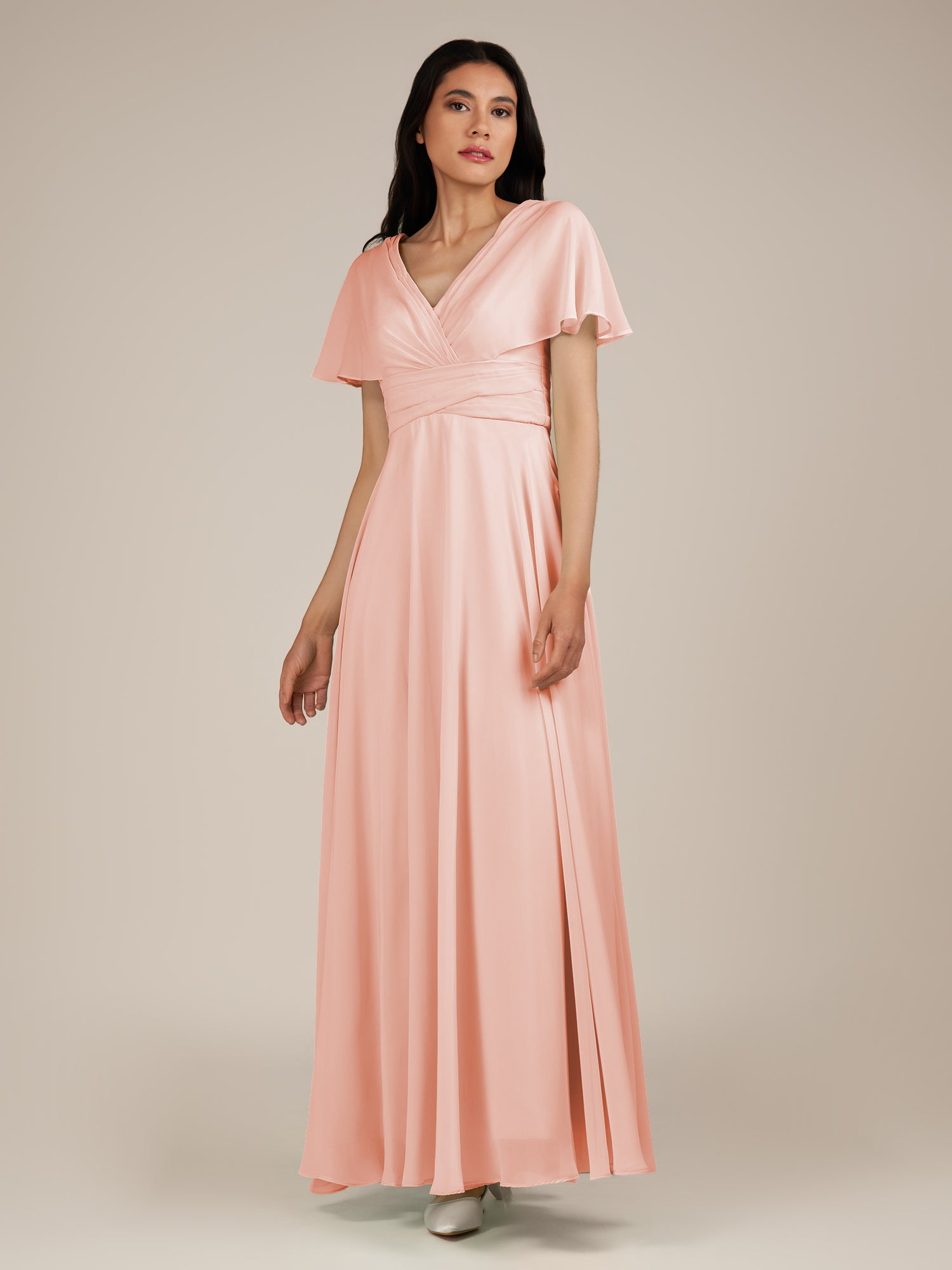 KissDress-Jasper Rose Petal A Line Chiffon Cap Sleeves V Neck Long Bridesmaid Dress with Pleats