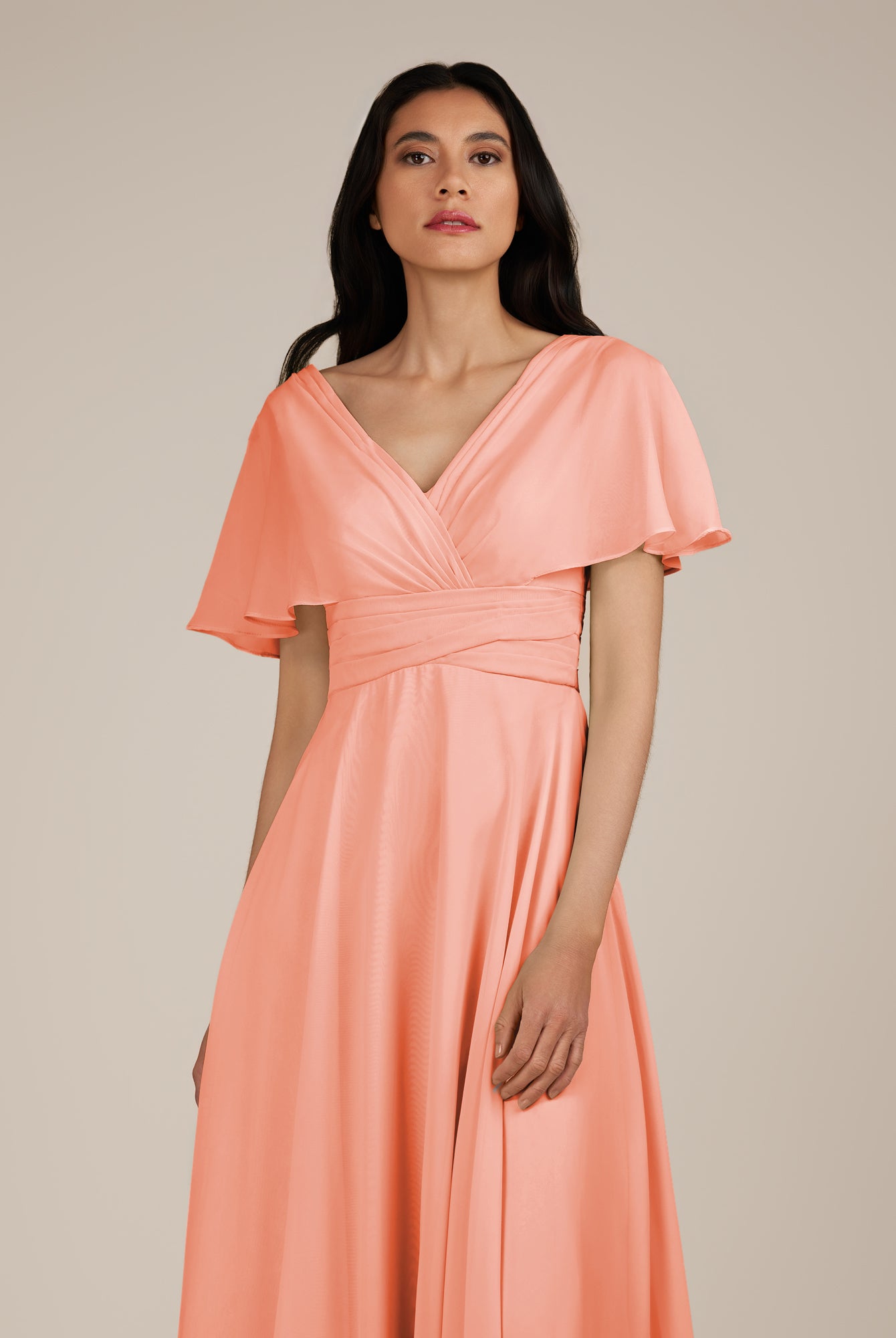 KissDress-Jasper Rosette A Line Chiffon Cap Sleeves V Neck Long Bridesmaid Dress with Pleats