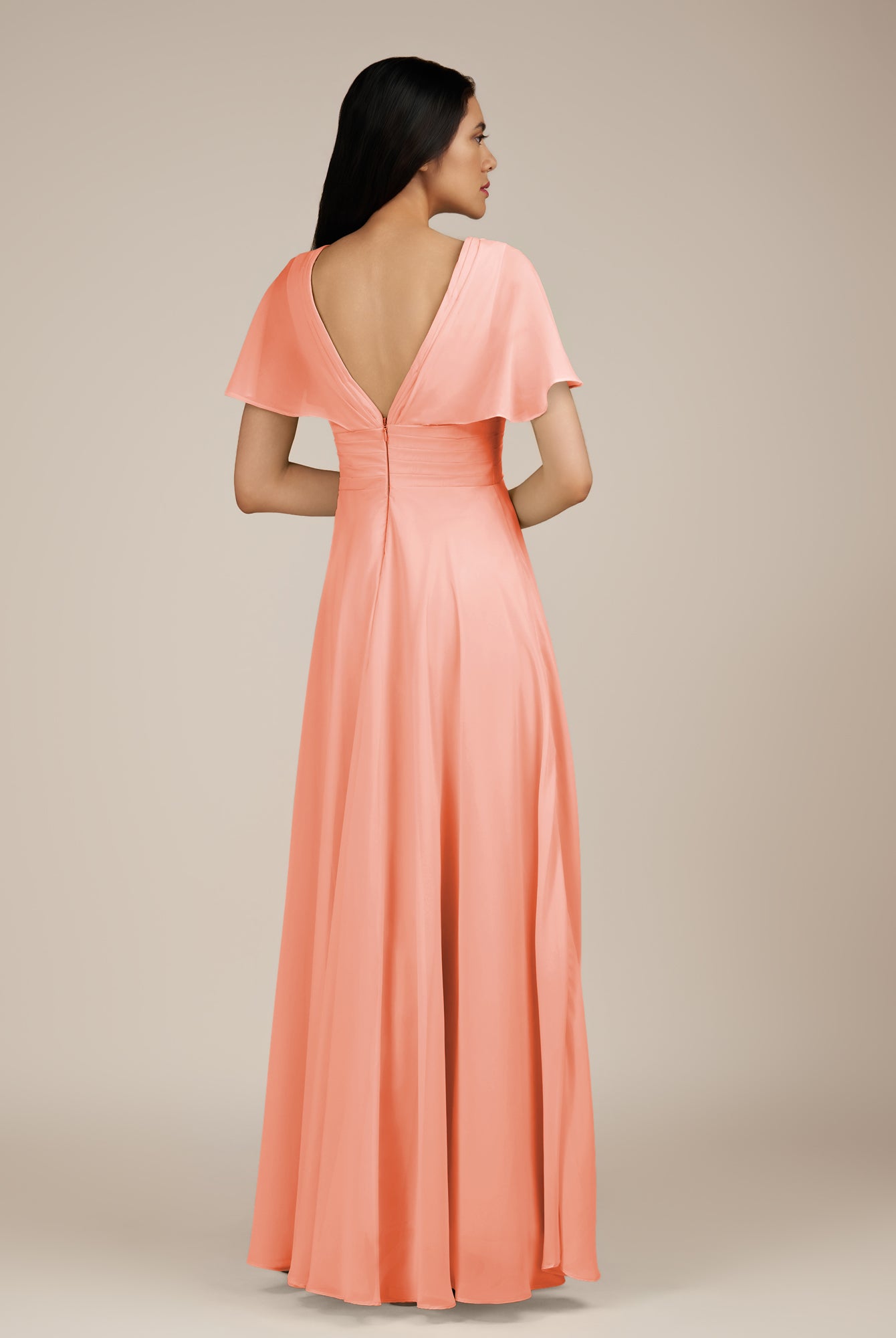 KissDress-Jasper Rosette A Line Chiffon Cap Sleeves V Neck Long Bridesmaid Dress with Pleats