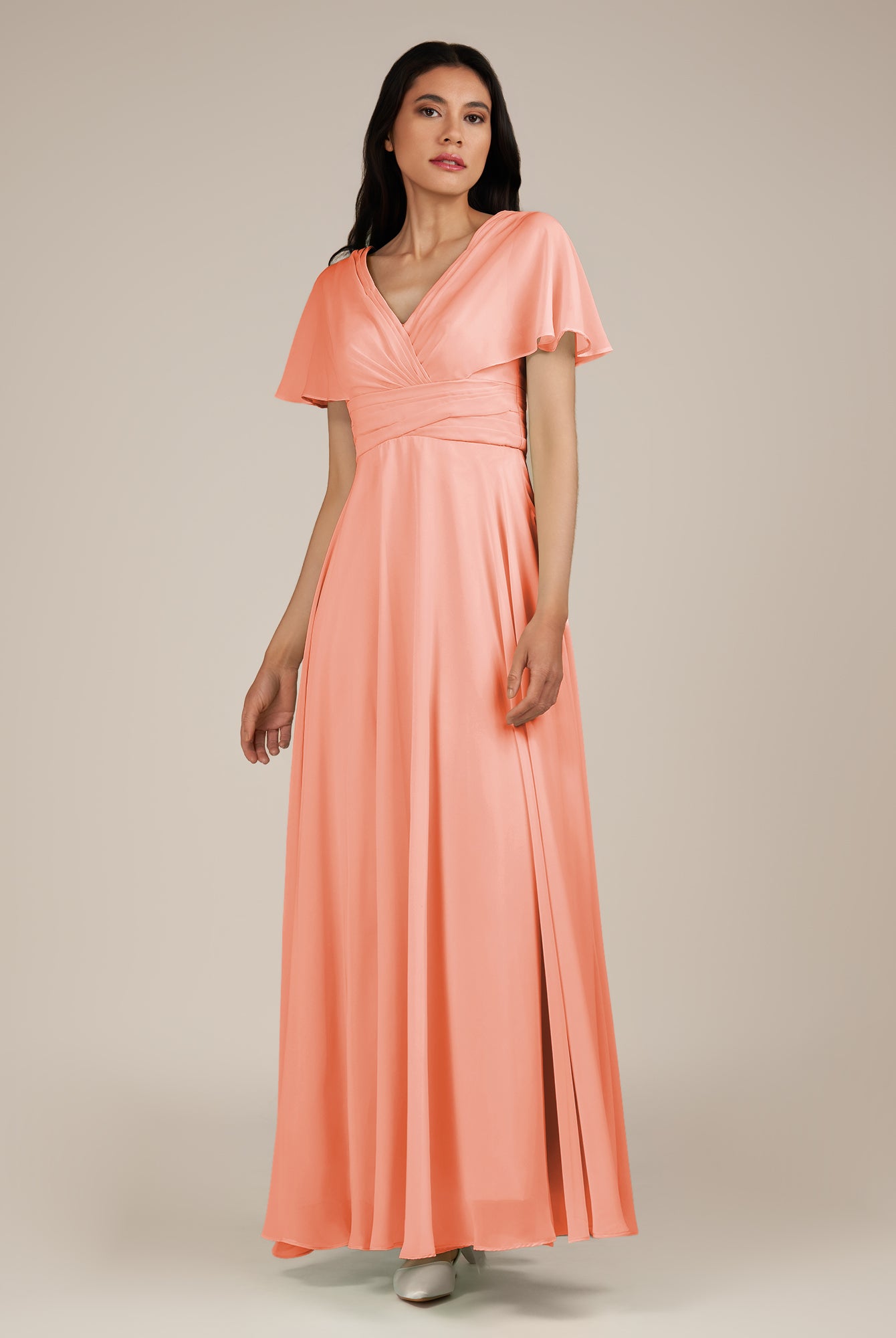 KissDress-Jasper Rosette A Line Chiffon Cap Sleeves V Neck Long Bridesmaid Dress with Pleats