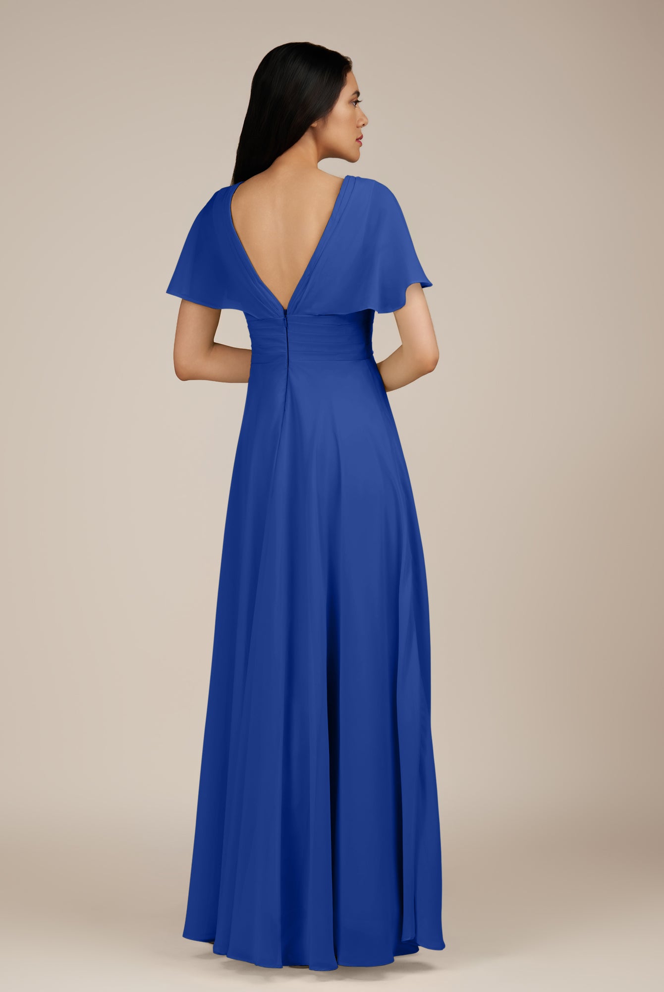 KissDress-Jasper Royal Blue A Line Chiffon Cap Sleeves V Neck Long Bridesmaid Dress with Pleats