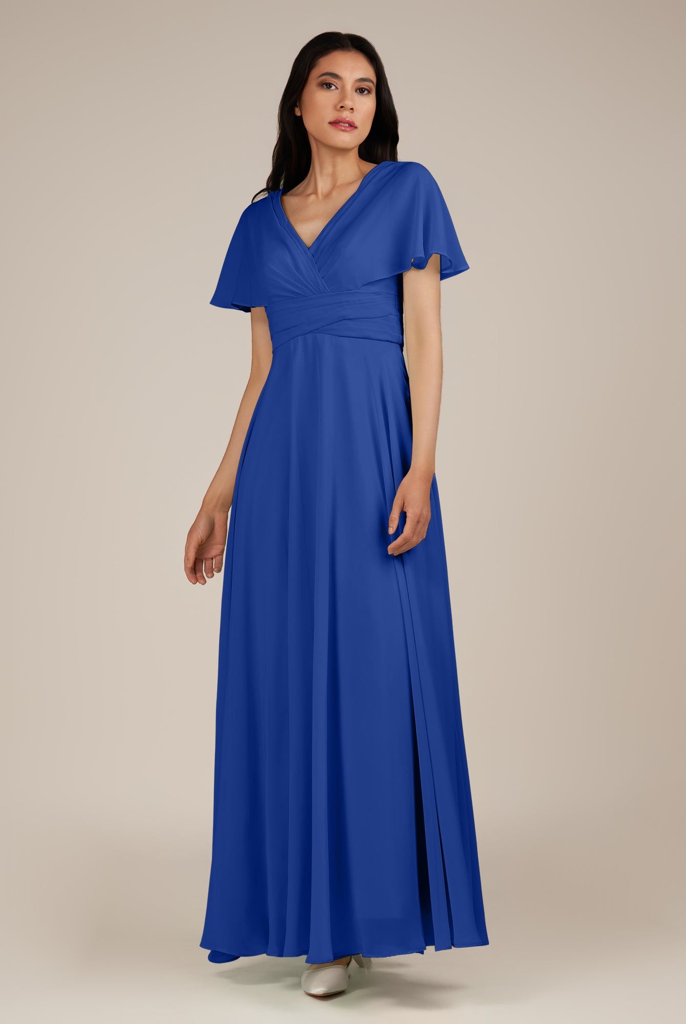KissDress-Jasper Royal Blue A Line Chiffon Cap Sleeves V Neck Long Bridesmaid Dress with Pleats