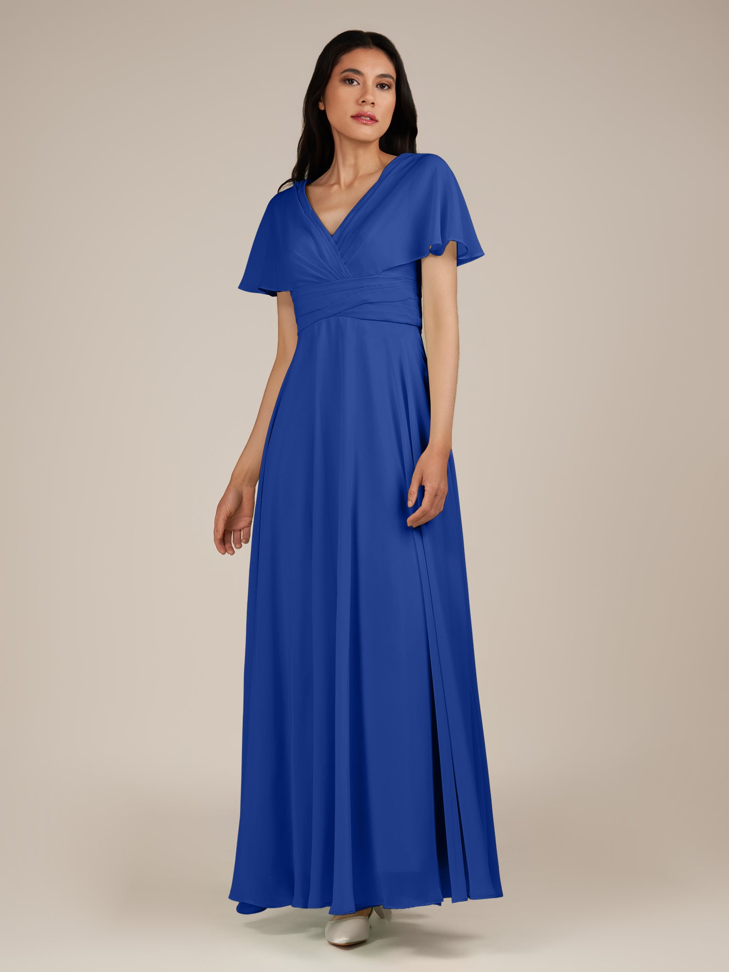 KissDress-Jasper Royal Blue A Line Chiffon Cap Sleeves V Neck Long Bridesmaid Dress with Pleats