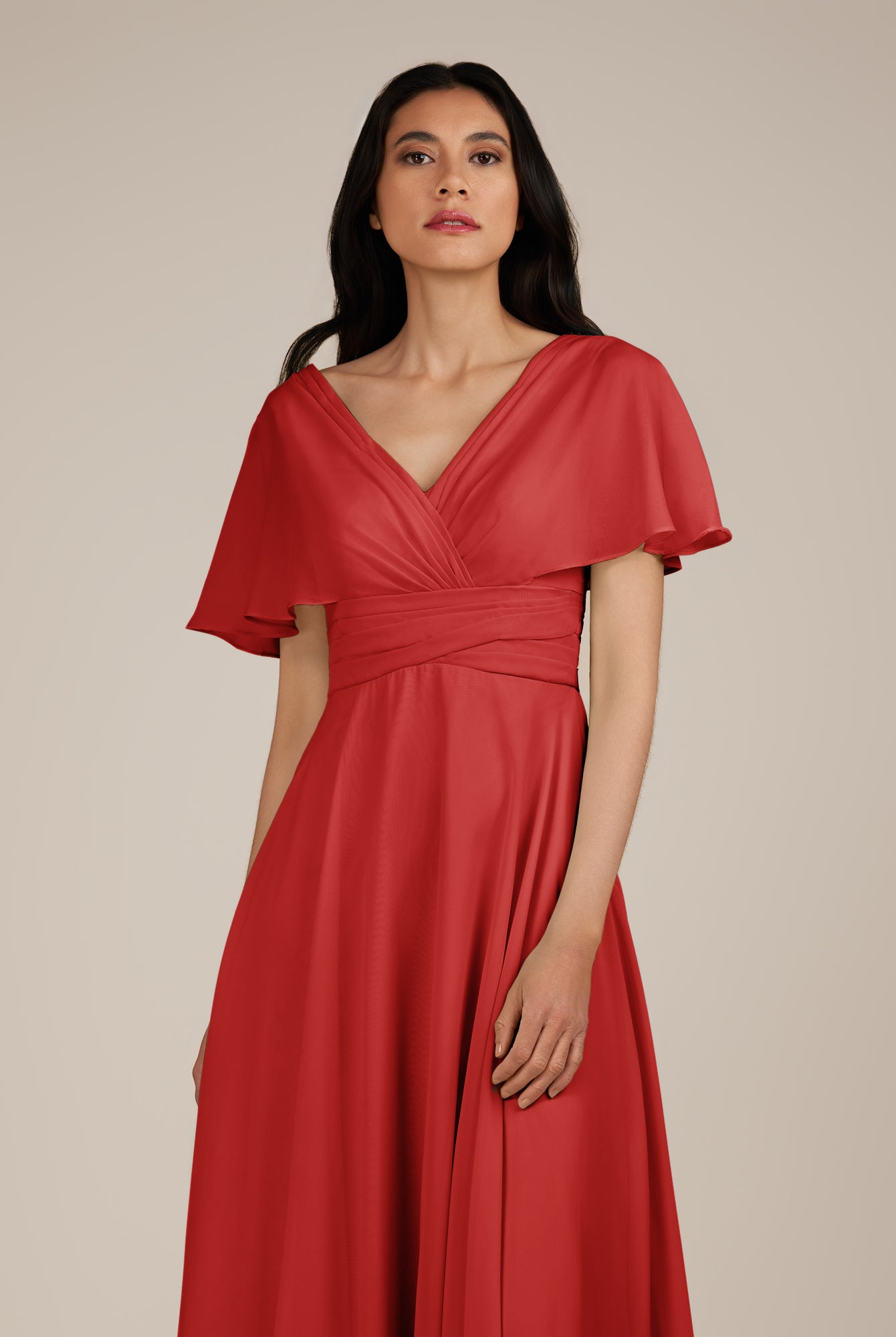 KissDress-Jasper Ruby Red A Line Chiffon Cap Sleeves V Neck Long Bridesmaid Dress with Pleats