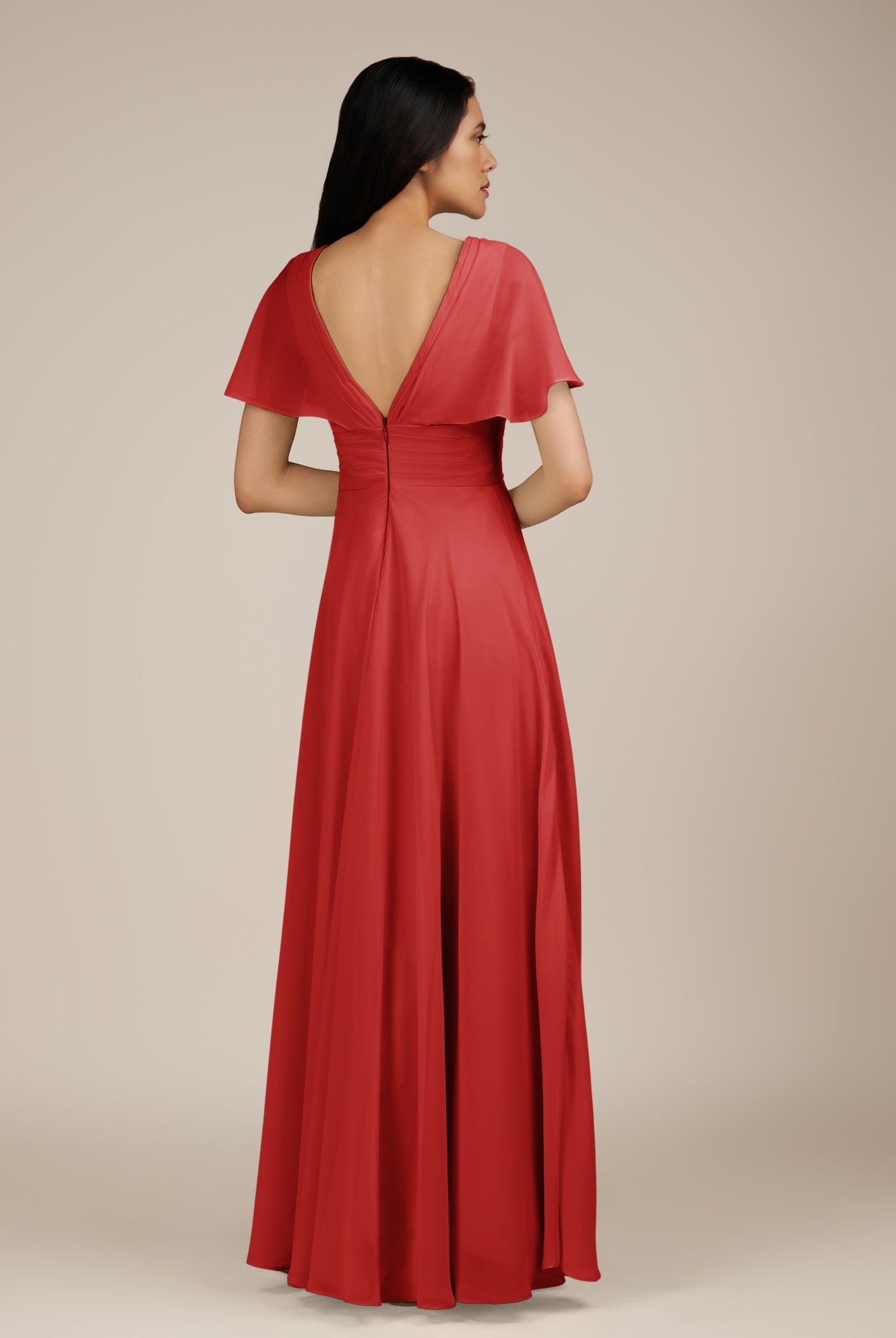 KissDress-Jasper Ruby Red A Line Chiffon Cap Sleeves V Neck Long Bridesmaid Dress with Pleats