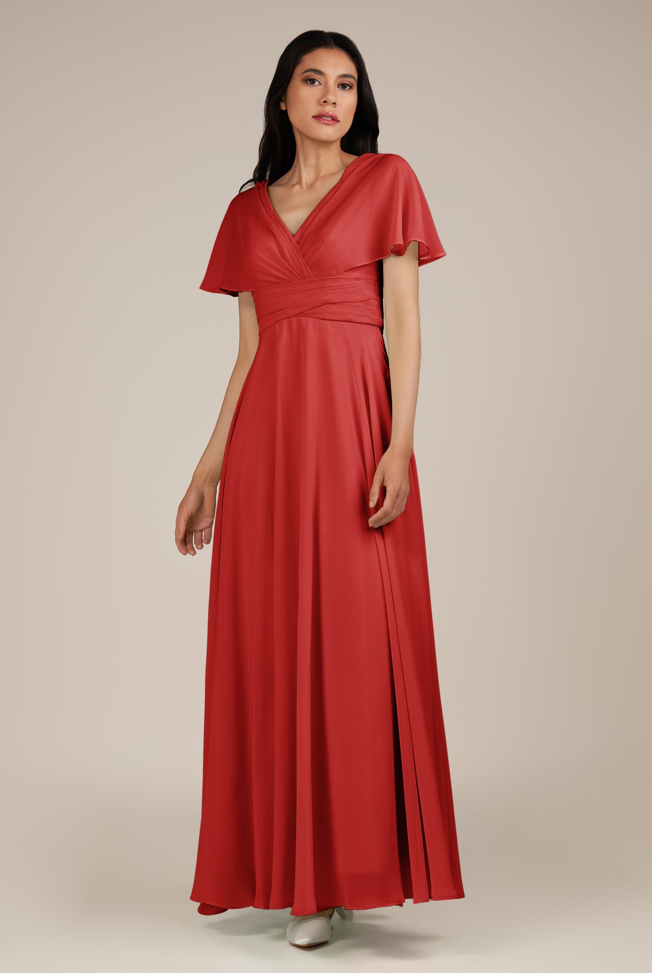 KissDress-Jasper Ruby Red A Line Chiffon Cap Sleeves V Neck Long Bridesmaid Dress with Pleats