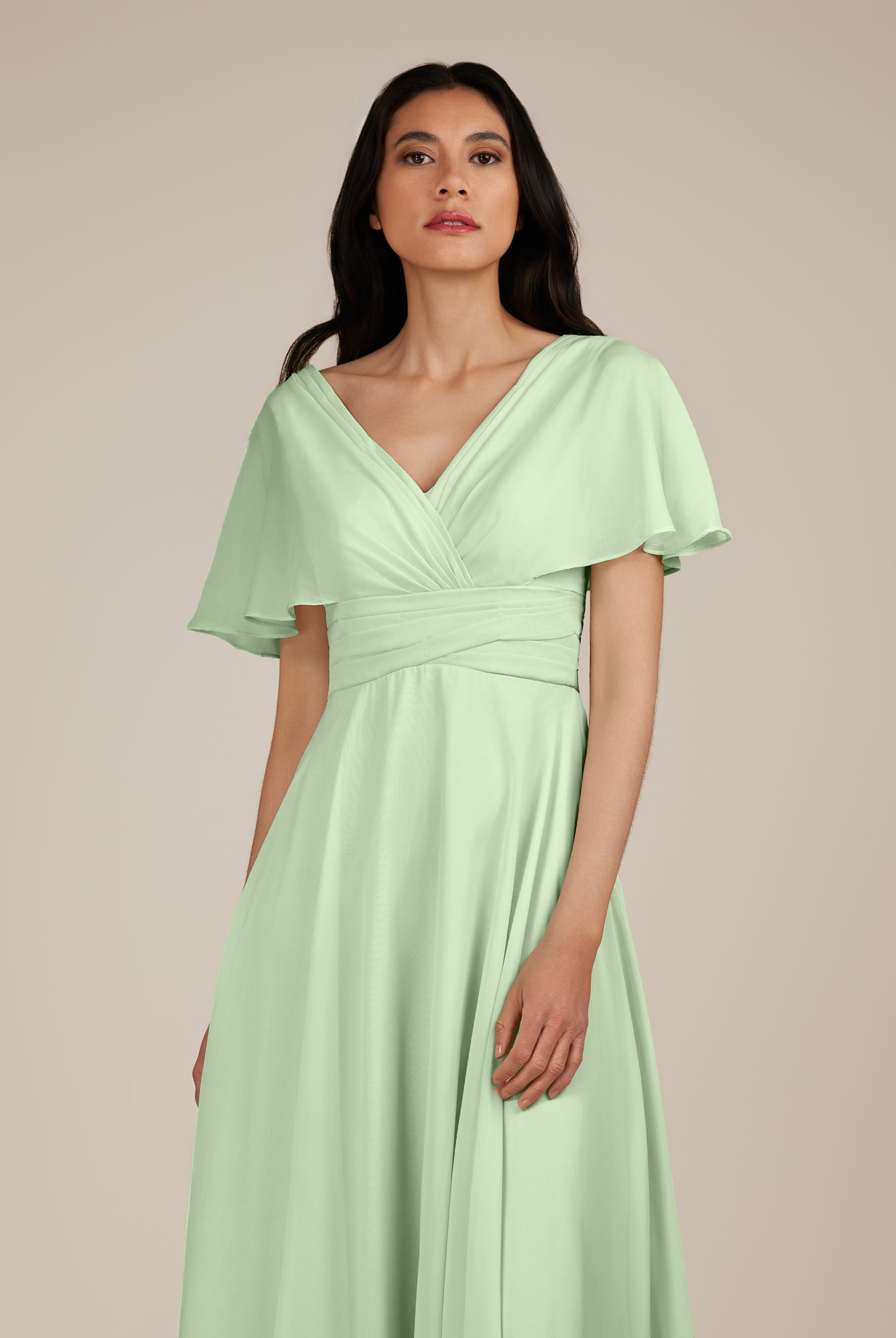KissDress-Jasper Sage A Line Chiffon Cap Sleeves V Neck Long Bridesmaid Dress with Pleats