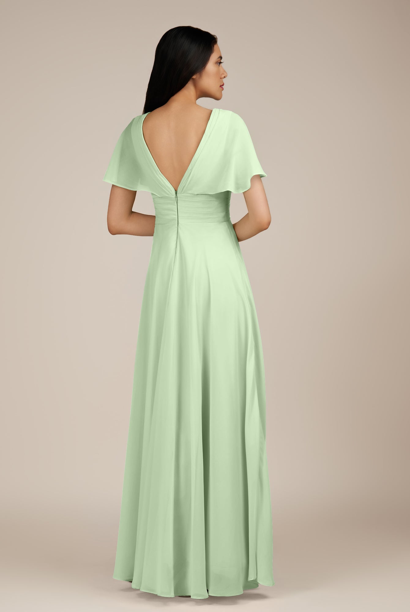 KissDress-Jasper Sage A Line Chiffon Cap Sleeves V Neck Long Bridesmaid Dress with Pleats