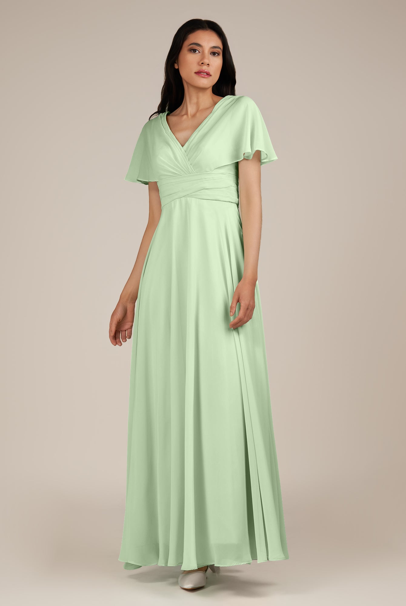 KissDress-Jasper Sage A Line Chiffon Cap Sleeves V Neck Long Bridesmaid Dress with Pleats
