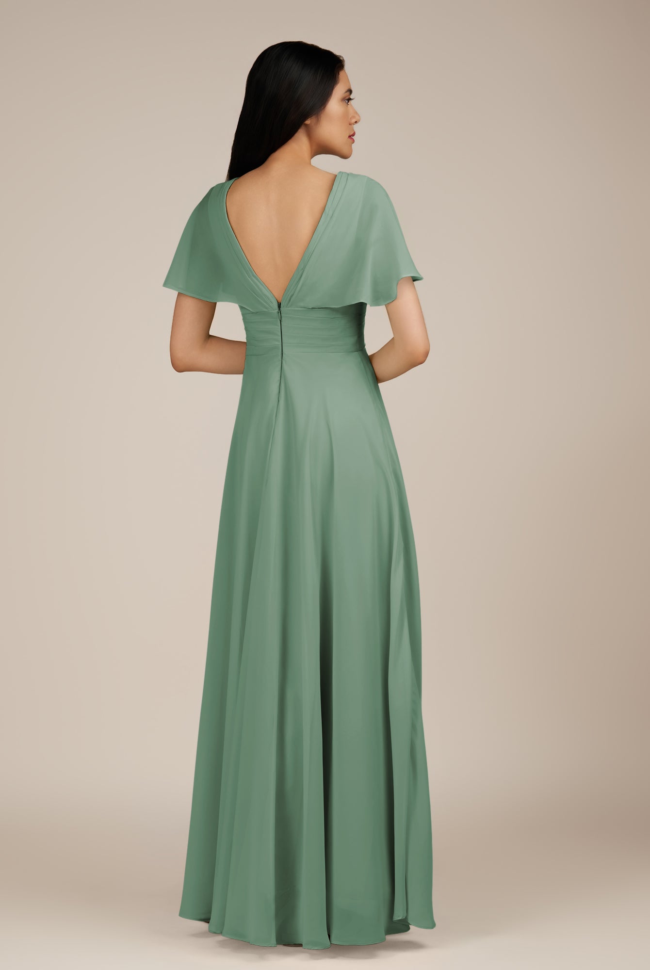 KissDress-Jasper Sea Glass A Line Chiffon Cap Sleeves V Neck Long Bridesmaid Dress with Pleats
