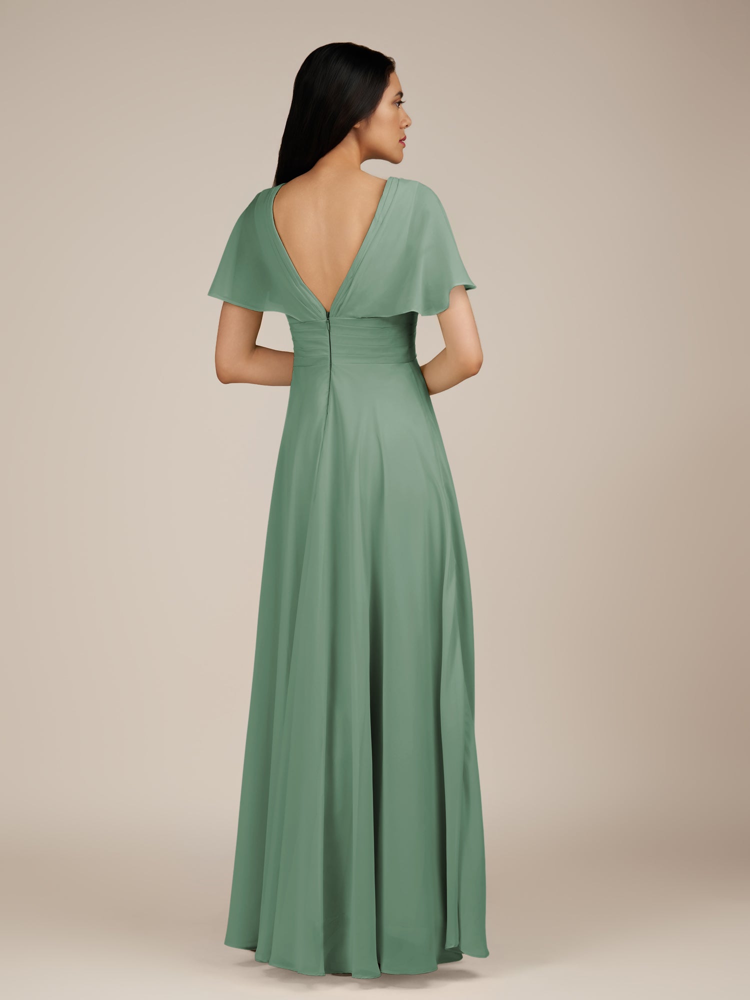 KissDress-Jasper Sea Glass A Line Chiffon Cap Sleeves V Neck Long Bridesmaid Dress with Pleats