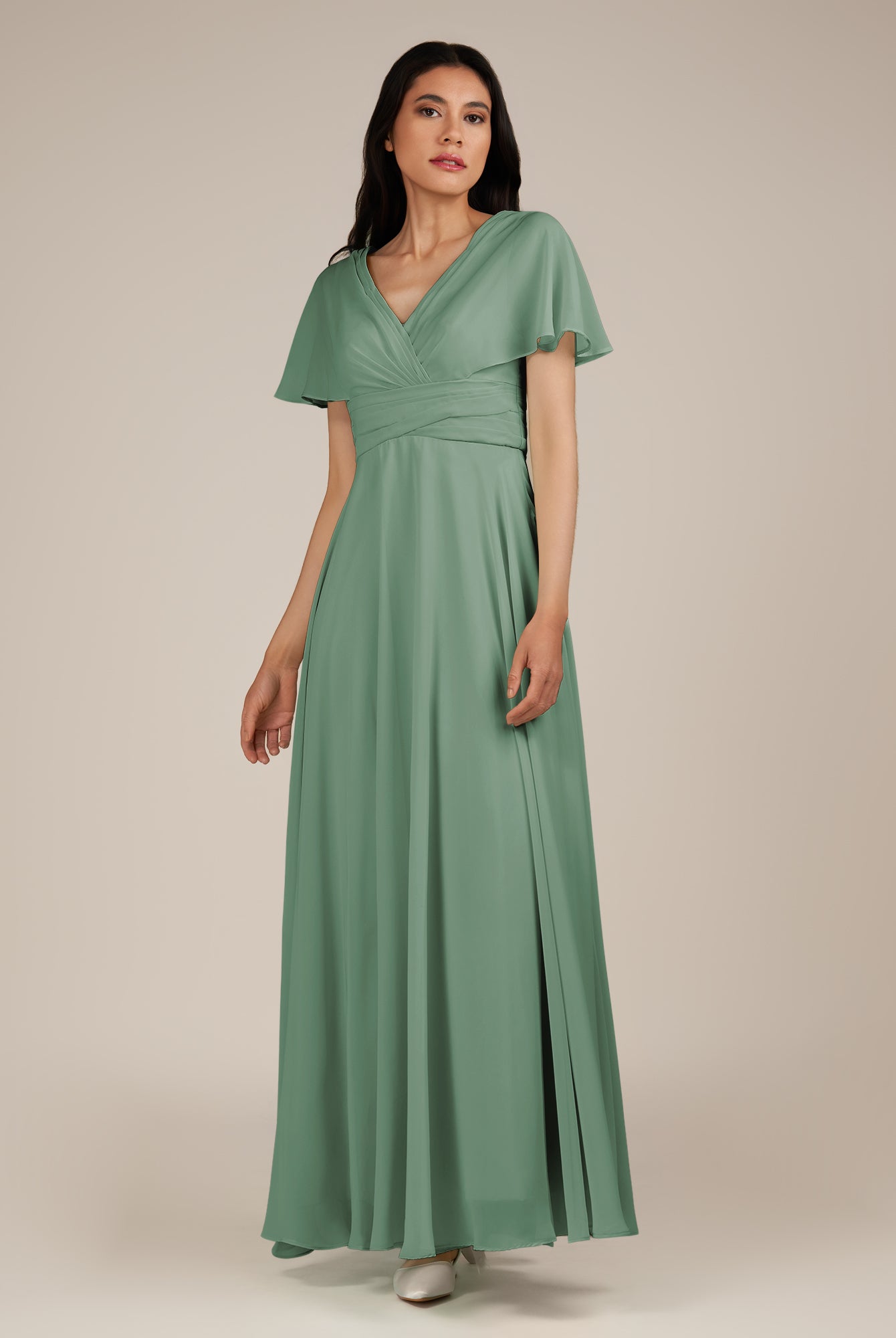 KissDress-Jasper Sea Glass A Line Chiffon Cap Sleeves V Neck Long Bridesmaid Dress with Pleats