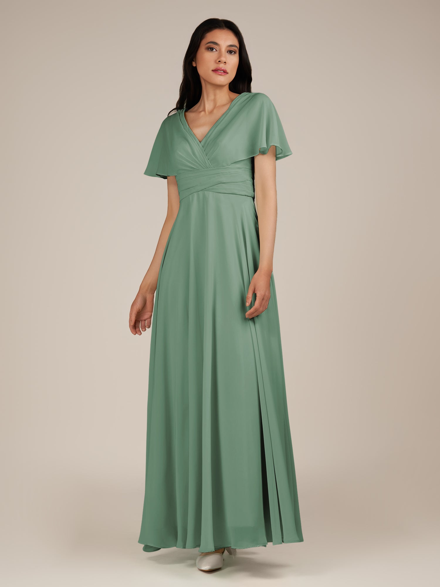 KissDress-Jasper Sea Glass A Line Chiffon Cap Sleeves V Neck Long Bridesmaid Dress with Pleats